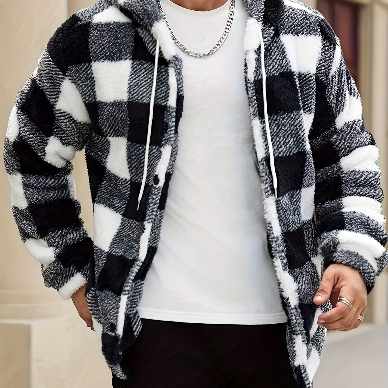 TEMU Men's Print Thermal Lined Hooded Long-sleeve Casual Short Top, Autumn/winter Flannel Short Top For , A Gift For , Husbands, Or