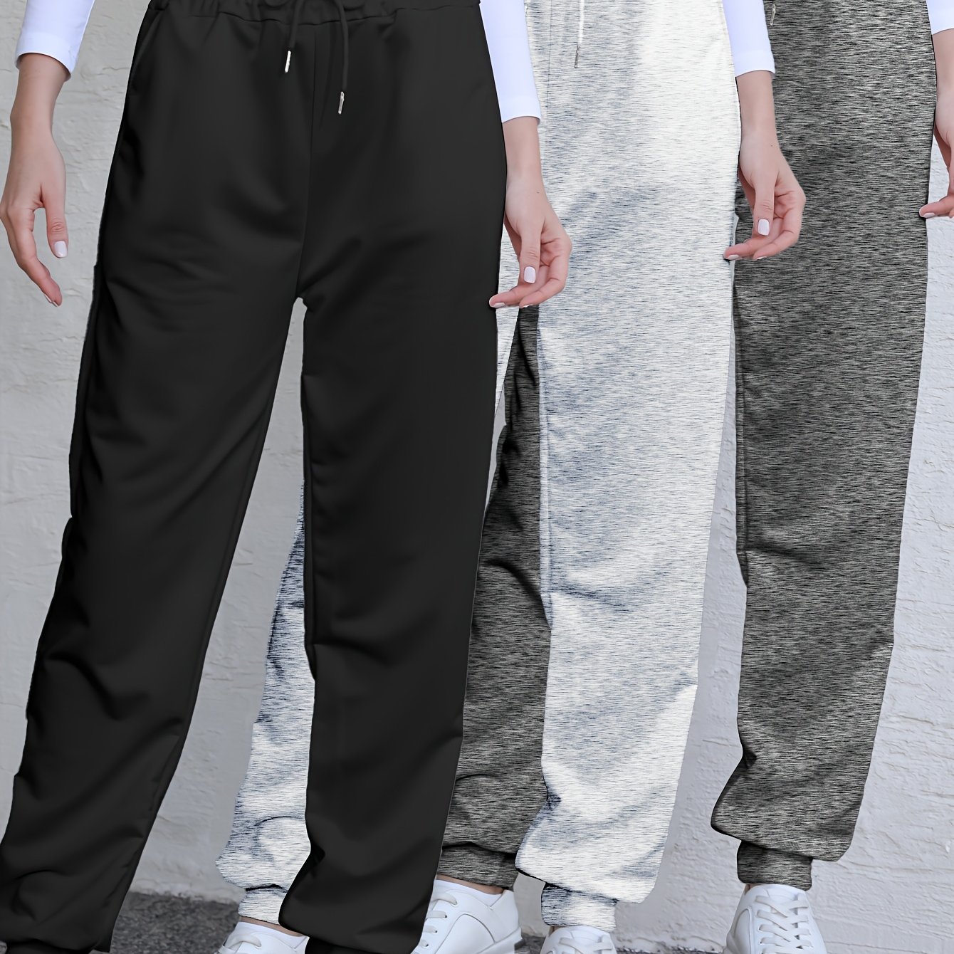 TEMU Set Of 3 Women's Stylish Solid Color Ribbed Jogger Pants