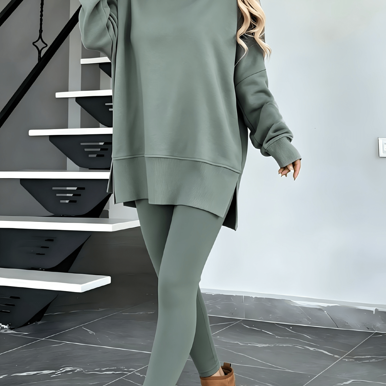 TEMU Women's Loose-fit 2pcs Loungewear Set: A Round-neck Hoodie With Side Slits With Ribbed Leggings - A Popular Y2k Street-style Outfit For Autumn