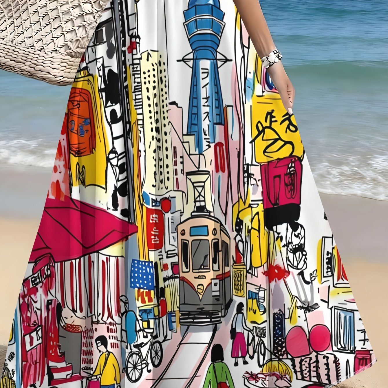 TEMU Japanese-style City Cartoon Graffiti Print Women's Skirt, Summer Casual