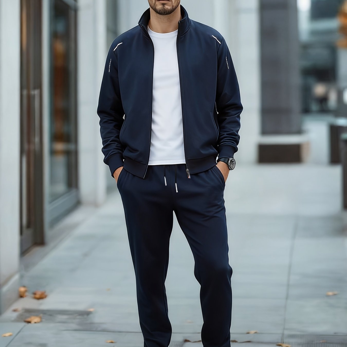 Men's Sports Suit Set Of 2, Men's Long Sleeve Zipper Stand Collar Cardigan And Drawstring Jogging Pants Set, Spring/autumn