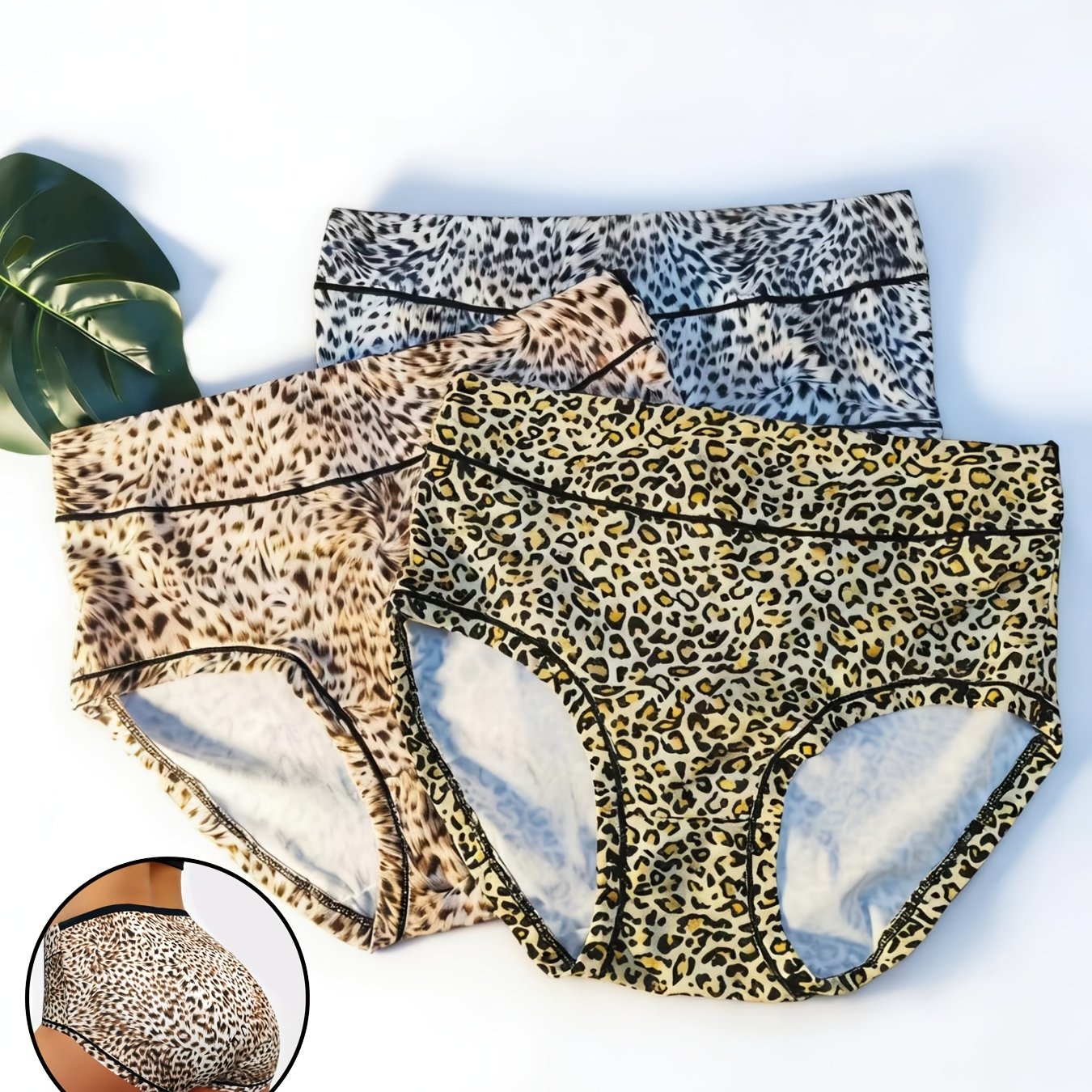Image of 3pcs Of Leopard Print Women Panties Large Strip High Waist Mid-waist Retraction Abdomen Breathable Middle-aged And Elderly Large Size Elastic Mother Briefs Female