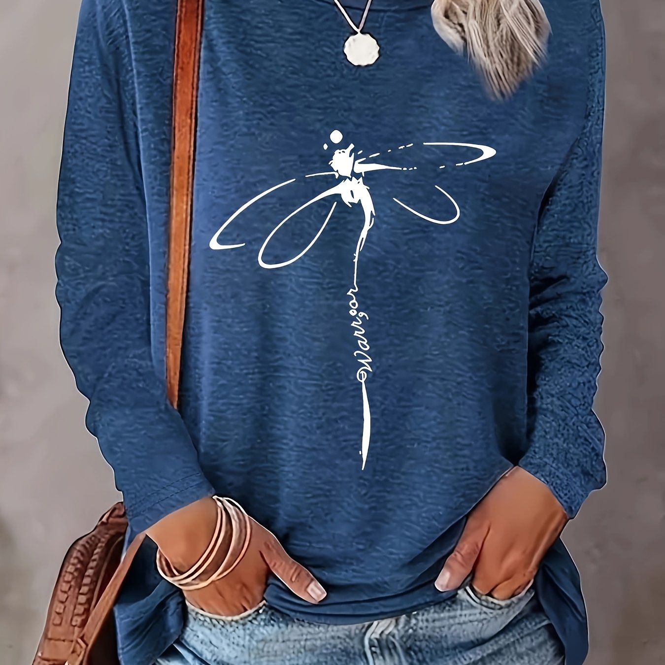 /autumn Print Crew Neck Long Sleeve Loose Fit Casual Women's Top Base T-shirt, Machine Washable - Suitable For Daily And And Autumn