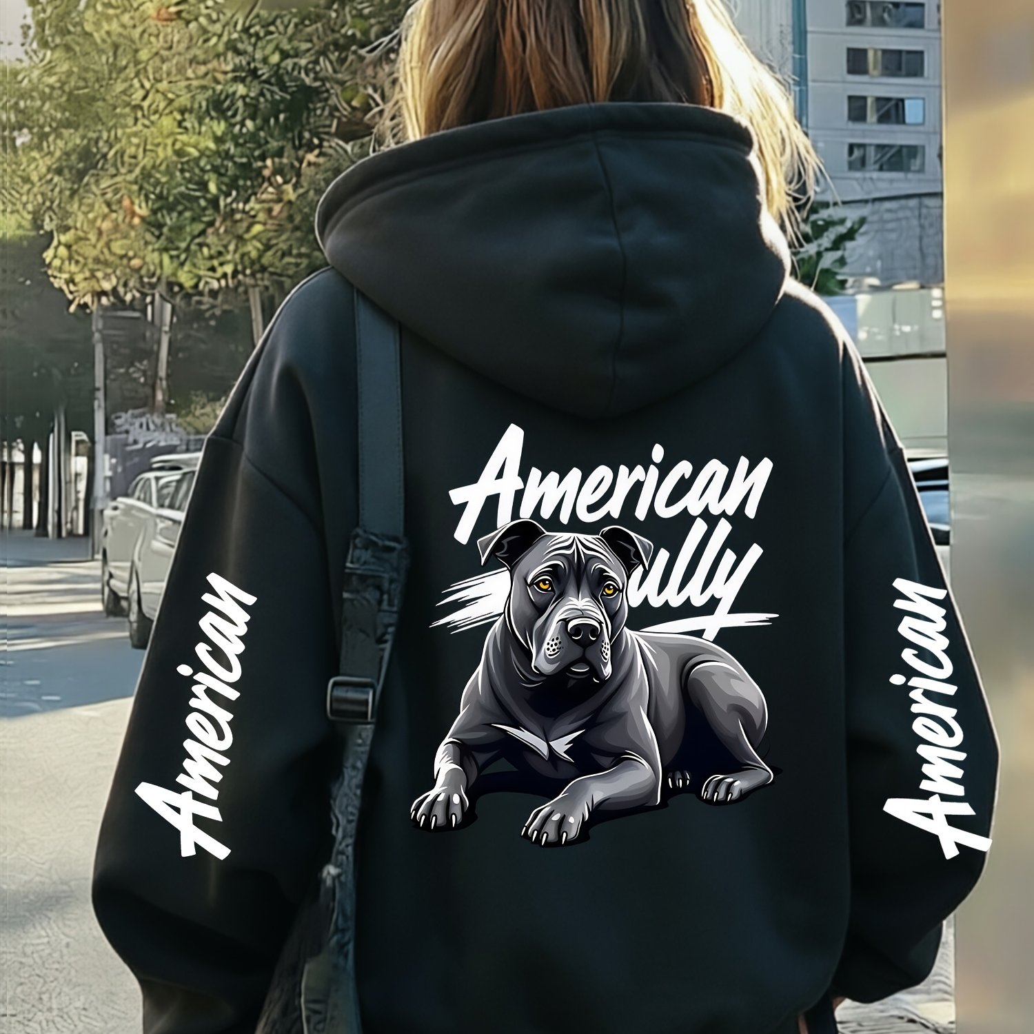 TEMU Hooded Sweatshirt, American Bulldog And Bulldog Street , Casual Hoodie, With Pockets, Fall Winter Hoodie, Comfortable Pattern Style, Printed