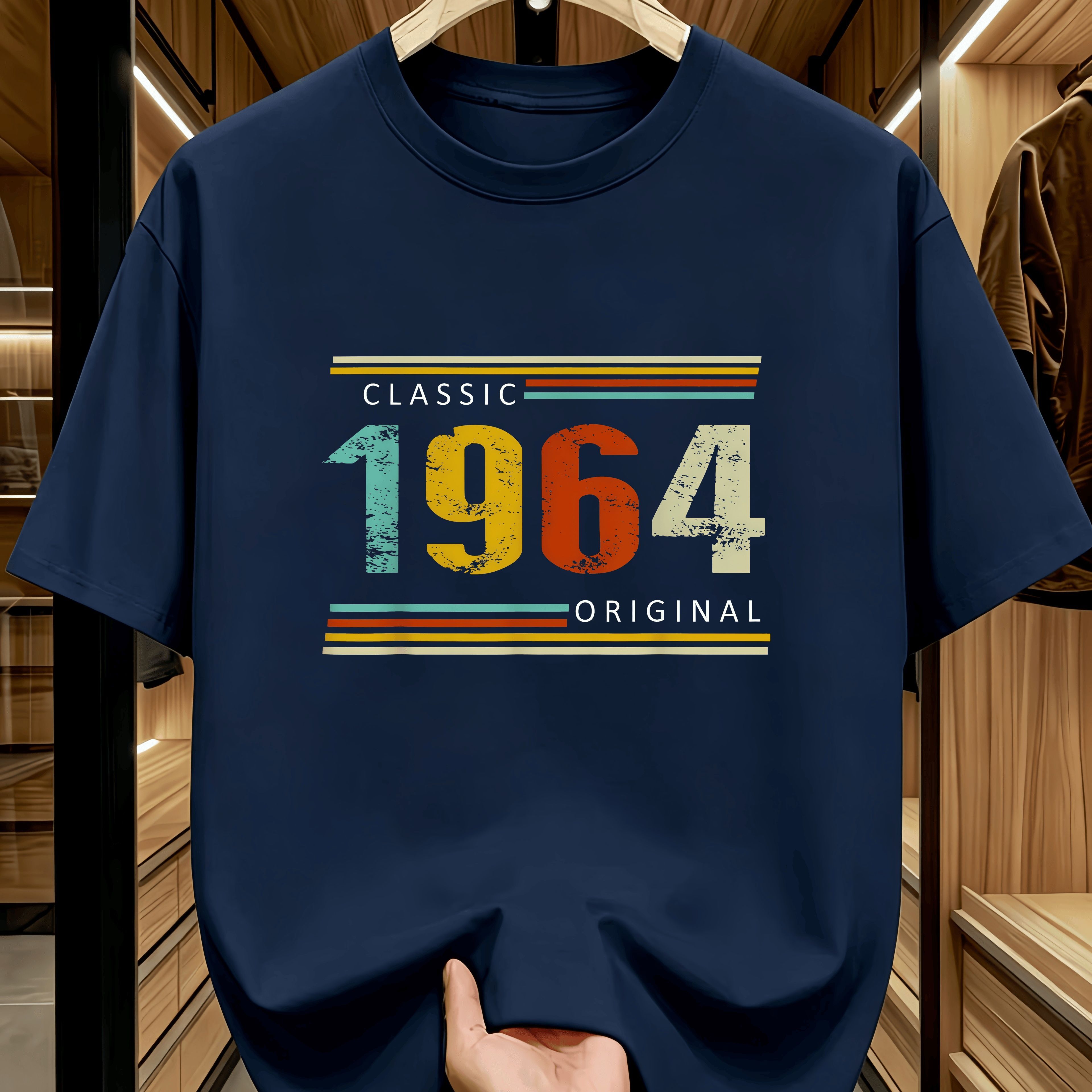 TEMU Men's Casual Sports T-shirt, Summer Regular Fit Short Sleeve Round Neck Knit Top, Print With Retro Distressed 1964 Year , Gradient Colors And