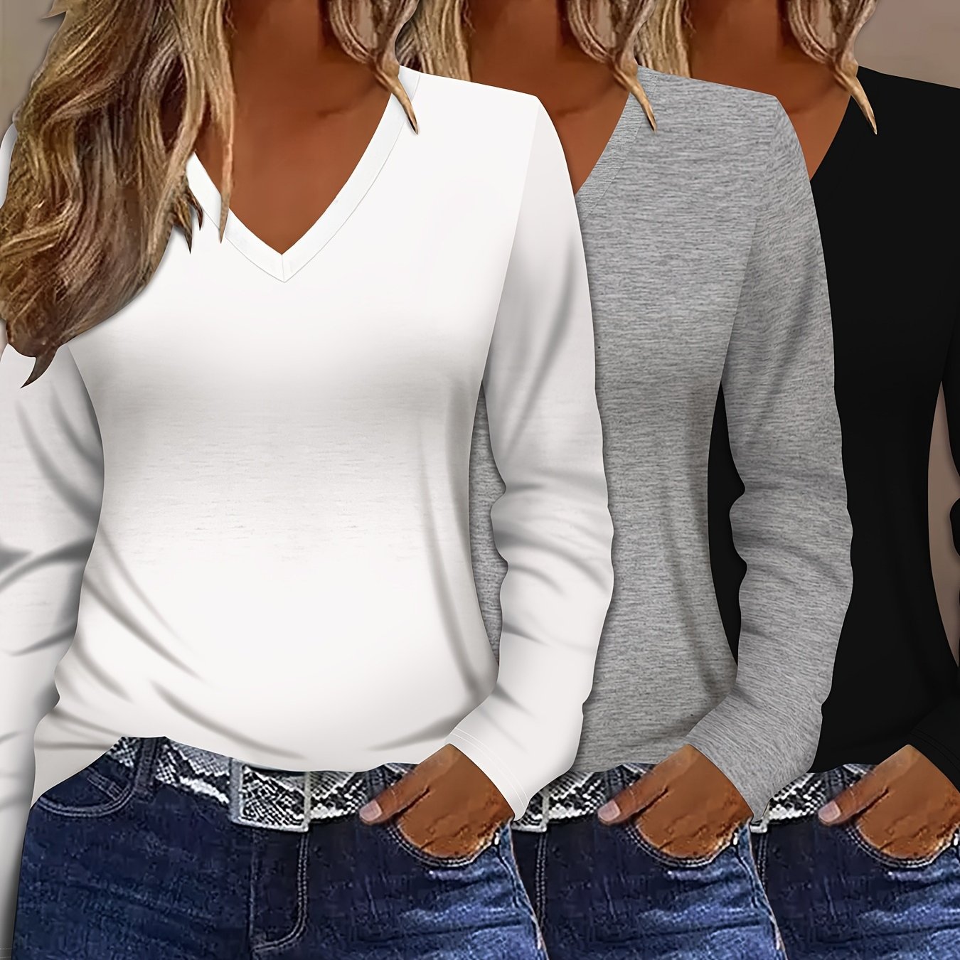 TEMU 3pcs Set Black, White, And Gray Solid Color Elegant Simple V-neck Long Sleeve T-shirt Casual Daily Wear S Shirt Autumn/winter New Women's Long