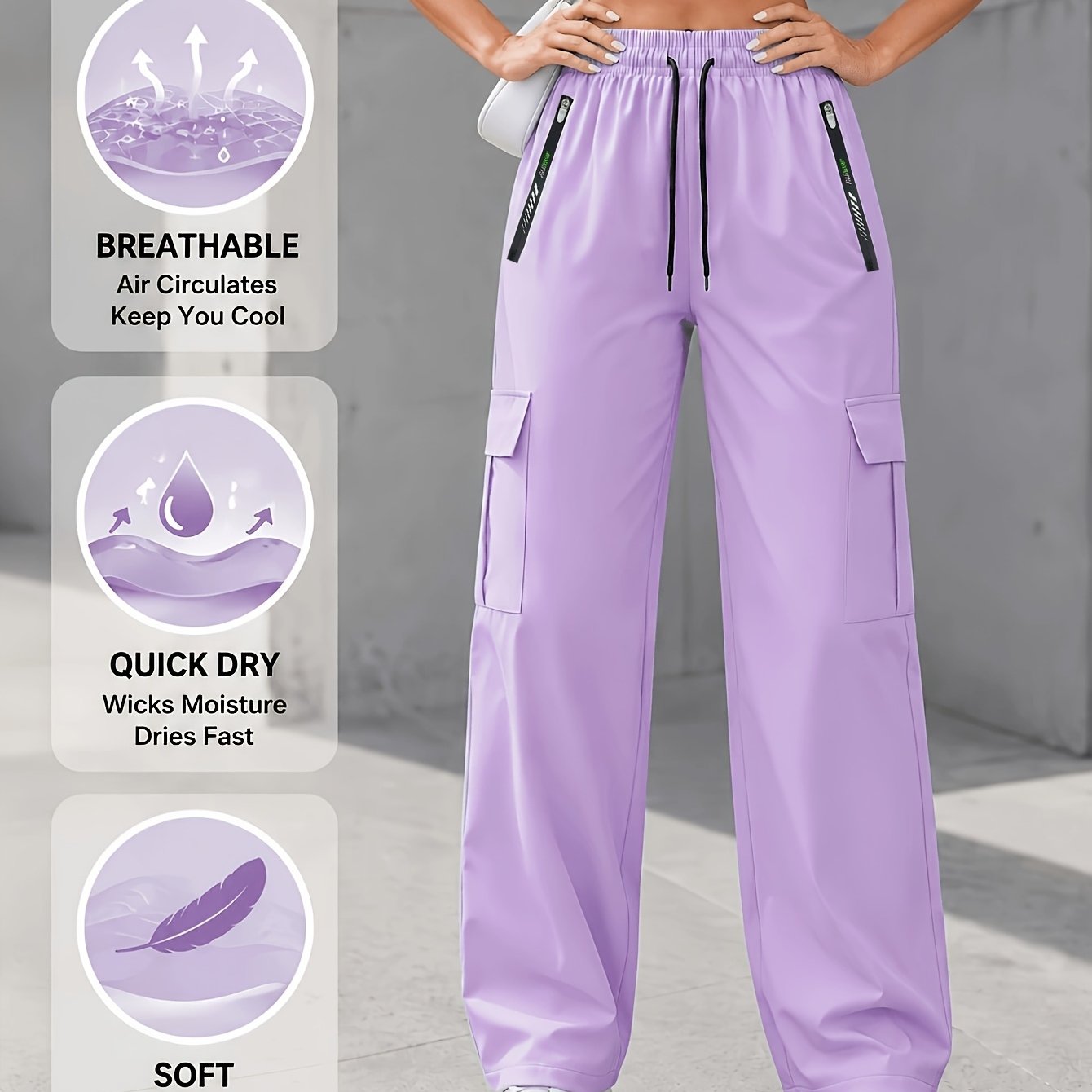 TEMU Women's Cargo Casual Long Pants, High-waist Elastic Drawstring Design With Double-sided Zipper Pockets And Thigh Pockets, Loose Straight Fit,