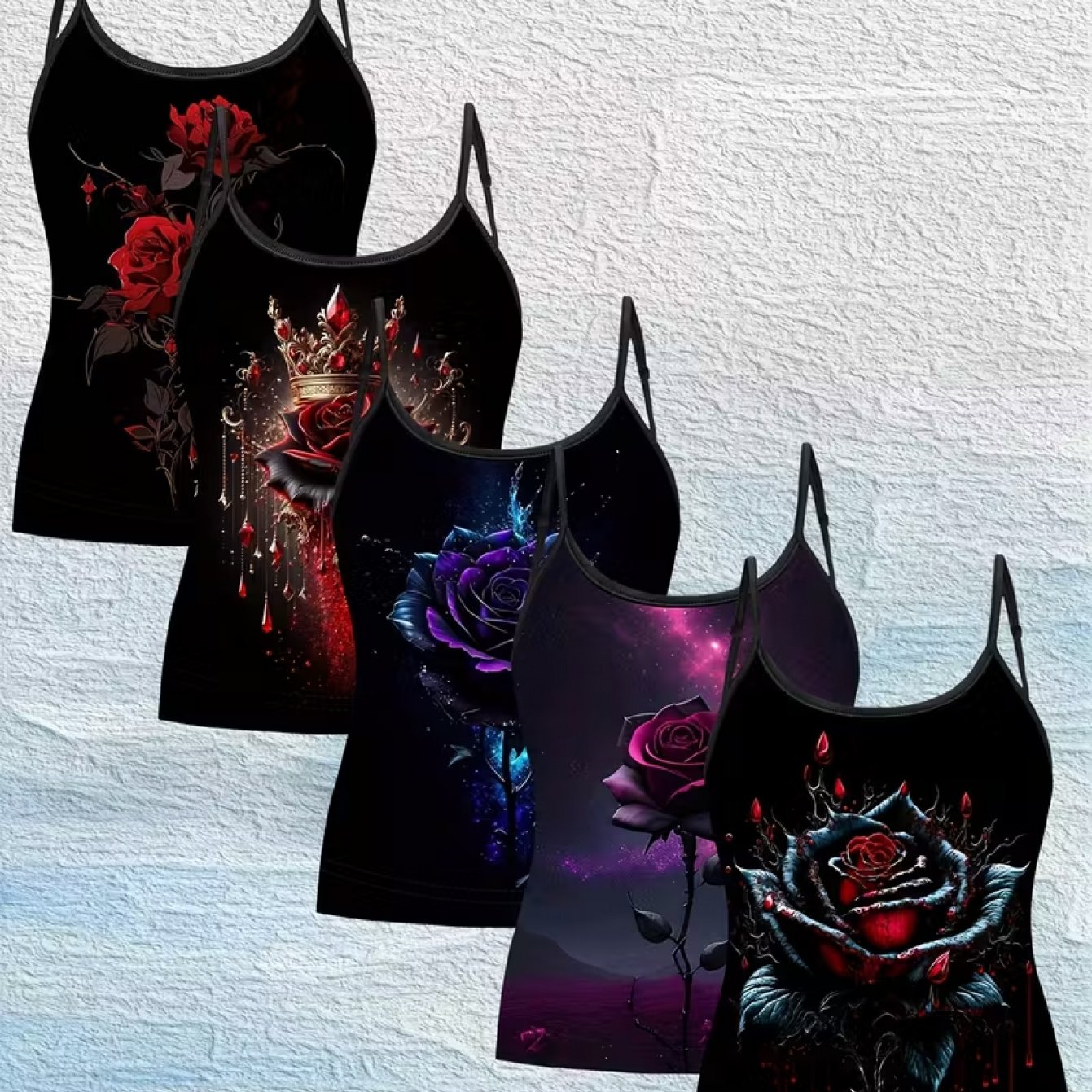 TEMU Plus Size, Plus Size 5pcs Set Camisole | Thorn Rose   Crown Print Loose Comfortable