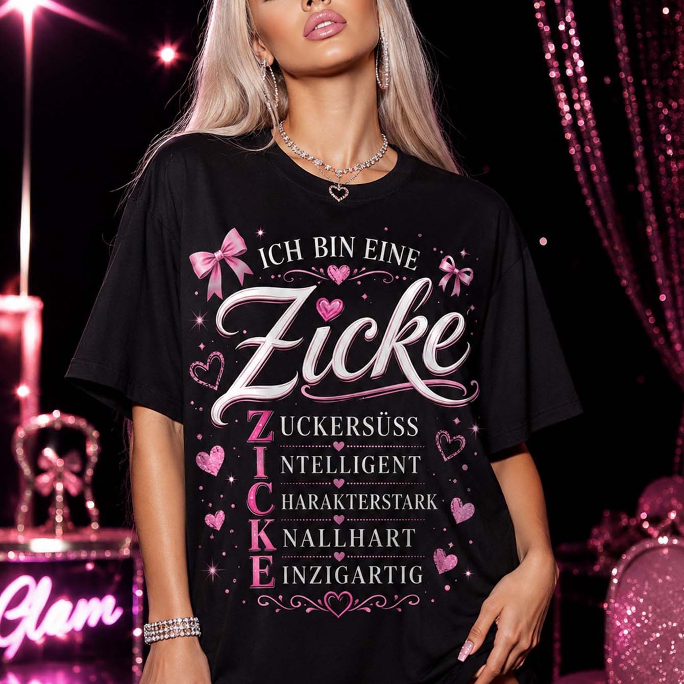 Image of Ich Bin Eine Zicke Zuckersuss Intelligent Charakterstark Nailhart Einzigartig Graphic Women Loose T Shirt Casual Short Sleeve Black Oversized Gift