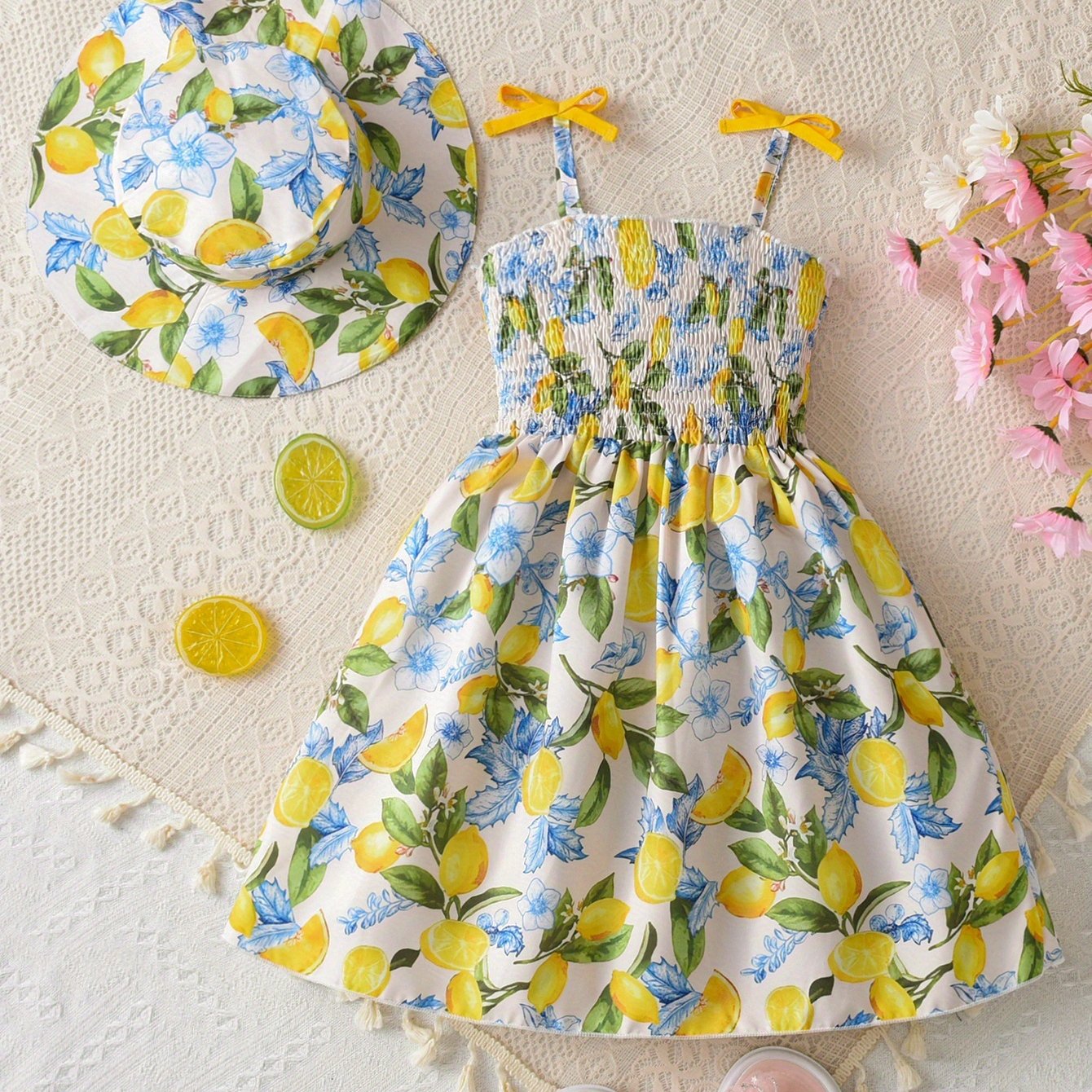 Image of Girls' 2-piece Set: Little Girl's Style Fruit Camisole Dress With Hat, Suitable For Summer Beach Vacations And Travel