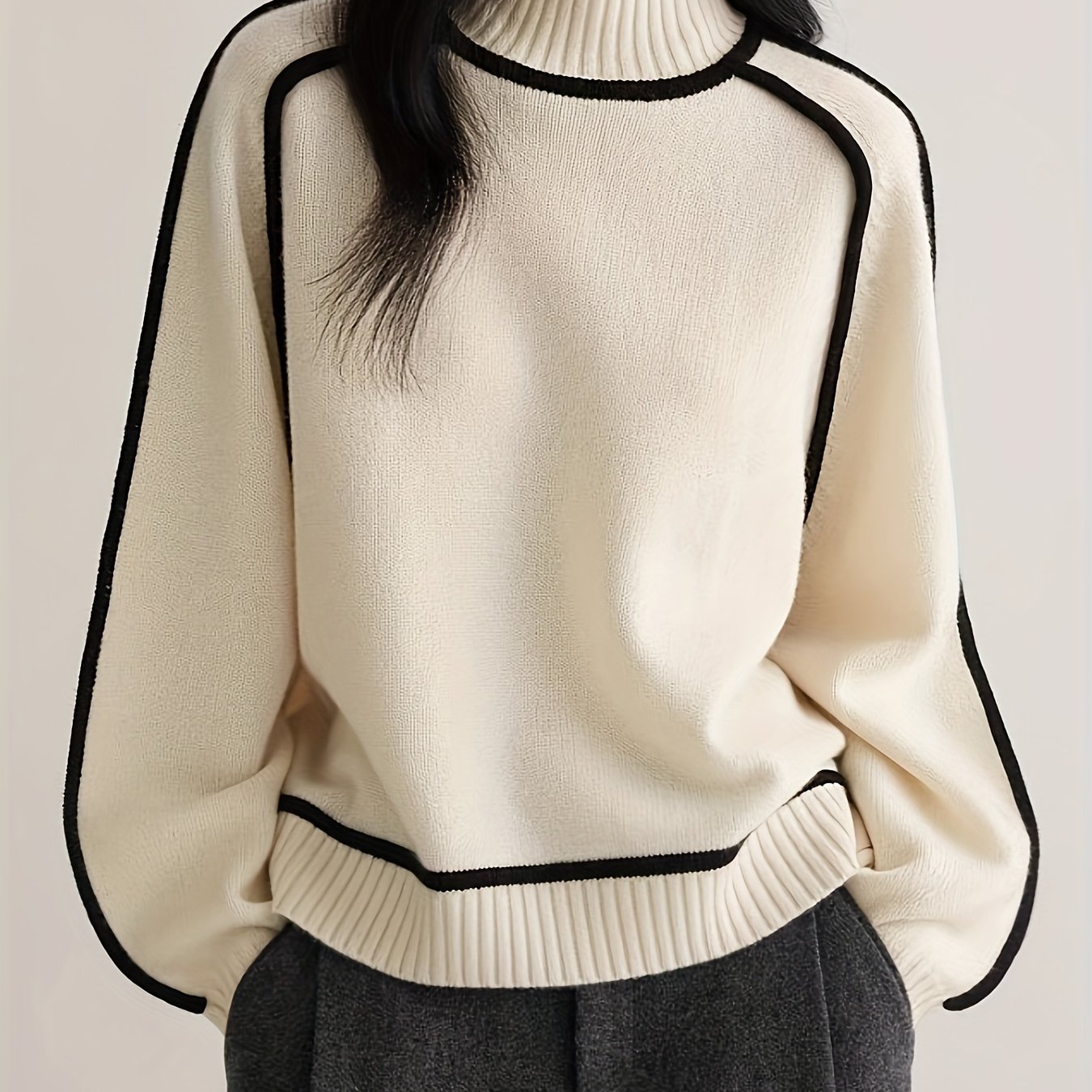 TEMU Color Block Knitted Pullover Sweatshirt, Casual Ribbed Long Sleeve Turtle Neck Sweatshirt For Fall & Winter, Women's Clothing
