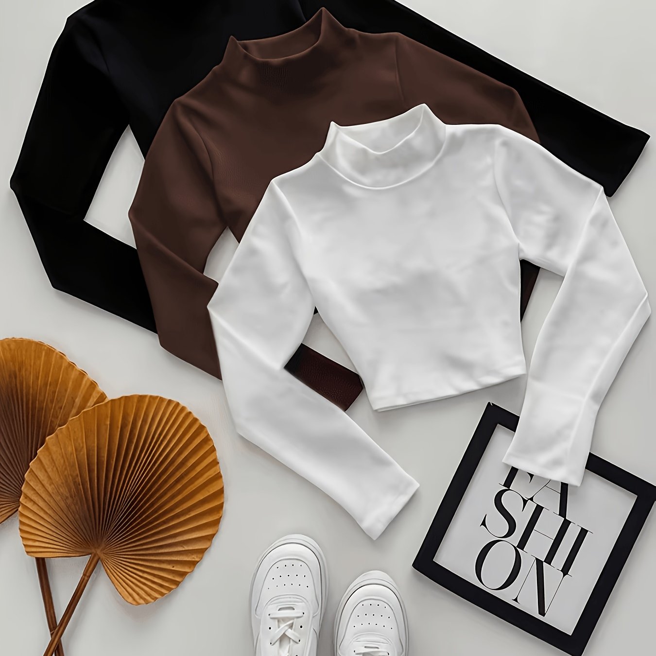 TEMU Women's Half-neck Easy Versatile Slim Short Fashion Long Sleeve 3pcs Set