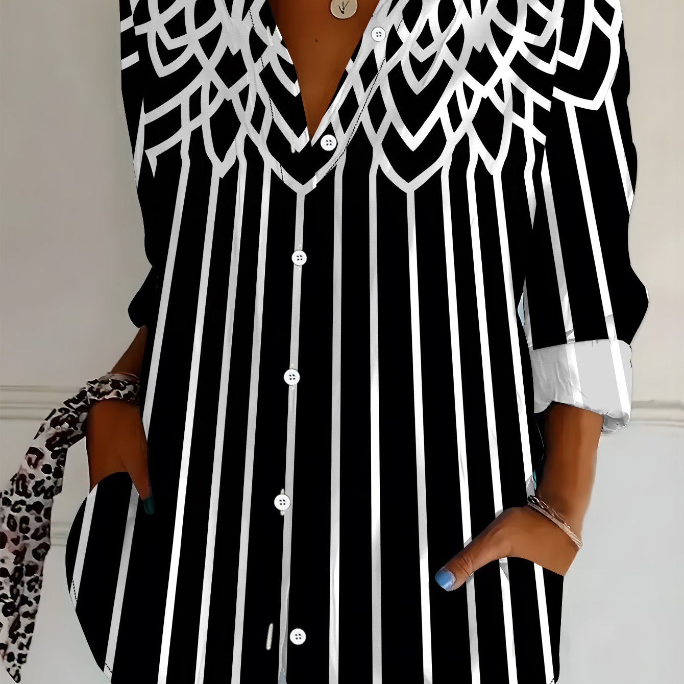 TEMU Plus Size Women's Long Sleeve Shirt, Geometric Style Loose Printed Shirt, Line Pattern Elements Mid-length Women's Long Sleeve Collared Shirt,