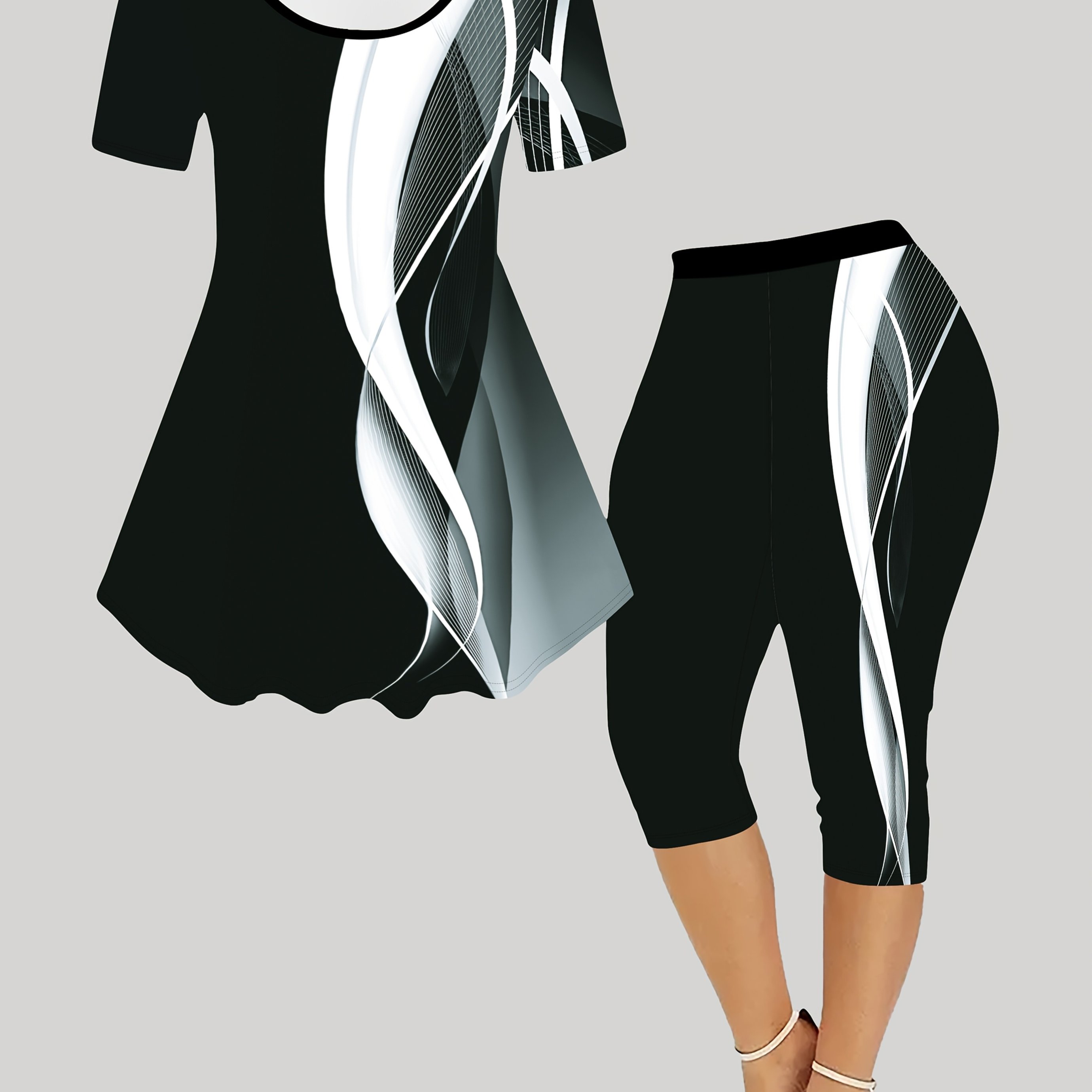 Plus Size - Women's Fashion Geometric Pattern Print Short Sleeve And Capri Pants Set