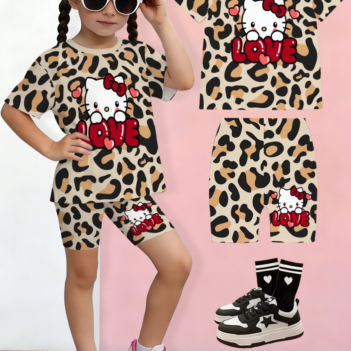 Fashionable Girls' T-shirt And Shorts Set, 3d Printed Short-sleeve Top With Printed Girls' Shorts Set, Perfect Style, Great As A Children's Gift, Suitable For Outdoor Activitie, Perfect For Outdoor