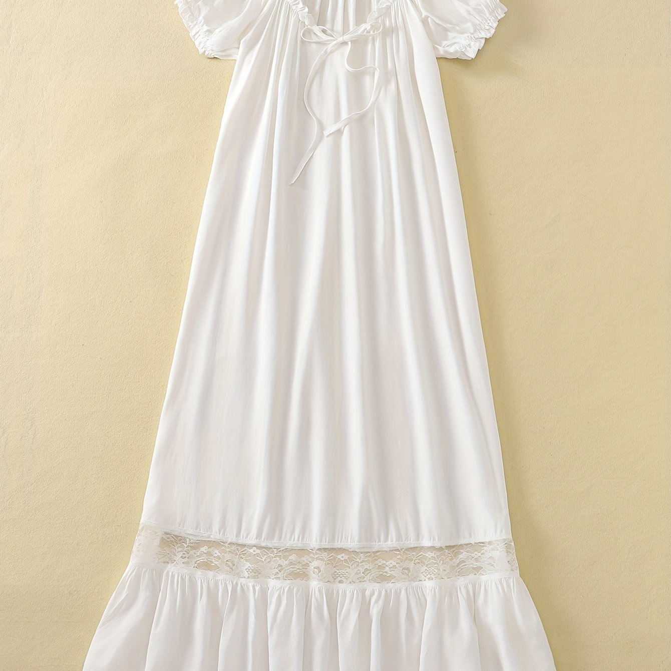 TEMU Elegant Solid Lace Trim Nightgown, Puff Sleeve Lace Up Front Round Neck Ruffle Hem Midi Dress, Women's Sleepwear