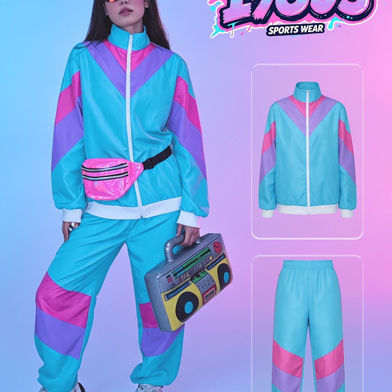TEMU Ensemble 2 pièces pour femmes, tenue rétro années 80 | Vêtements color-block, style vintage hip-hop disco pour fête