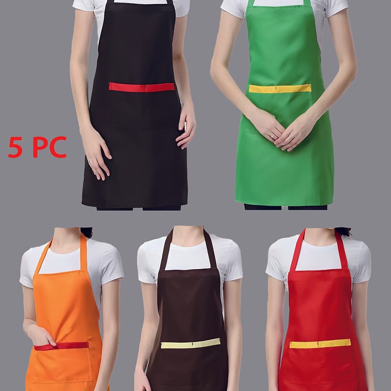 TEMU Set Of 5 Solid Color And Color- Pocketed Adjustable Neck Aprons For Women, Practical For Work