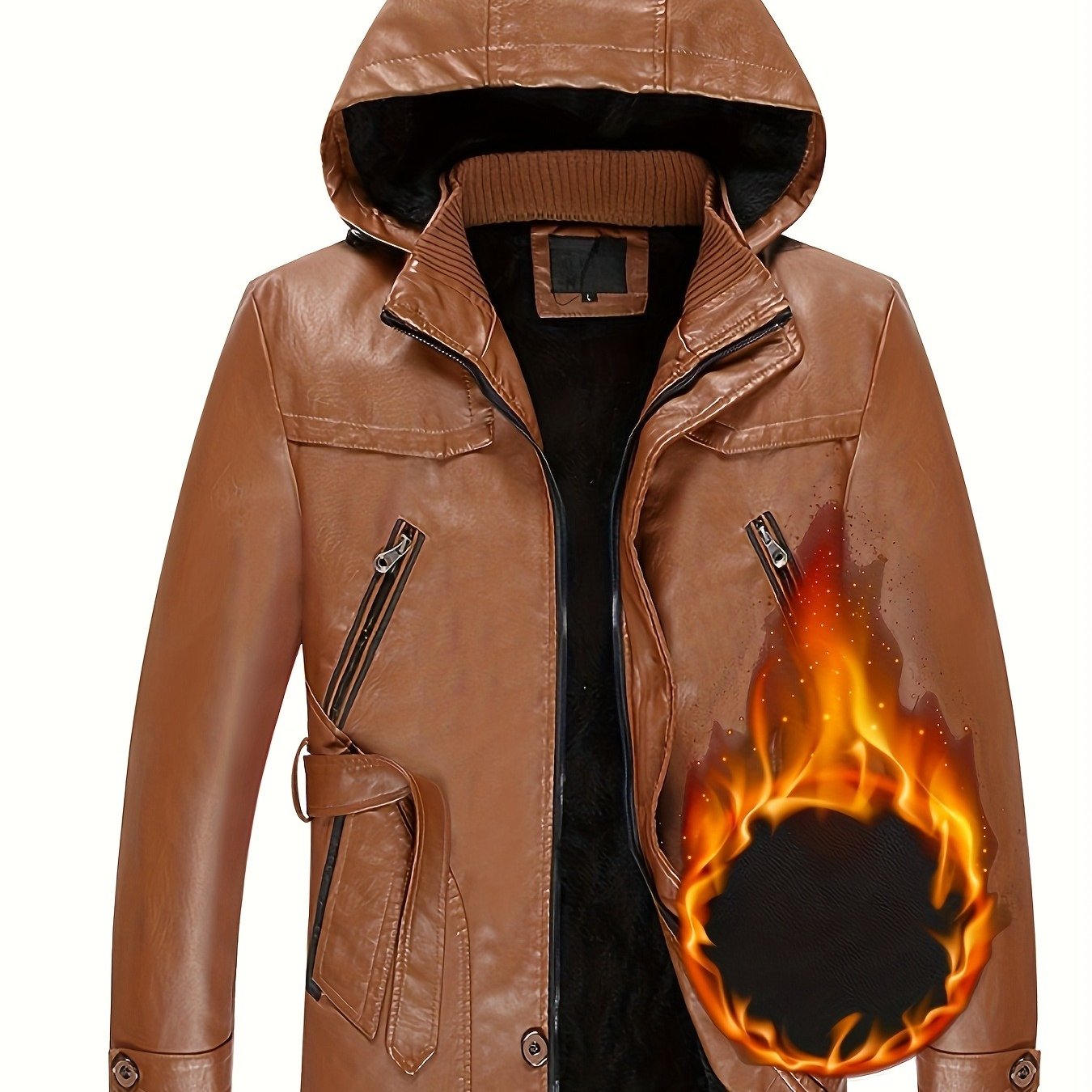 Image of Thickened Jacket Men's Slim Pu Outerwear With Hooded Jacket