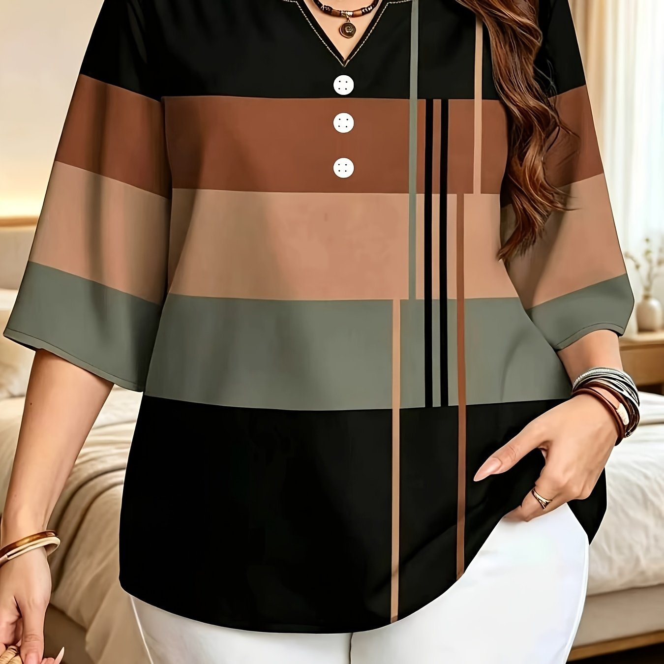 TEMU Printed Design – Not Textured. Women's Casual Button-patch Colorblock V-neck Three-quarter Sleeve T-shirt, A Perfect Gift For.