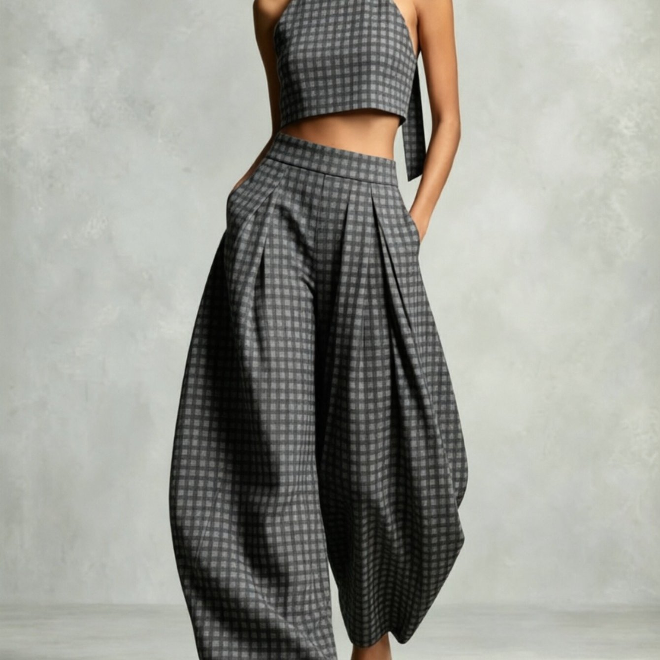 Image of Checked Printing Two-piece Set Women's Neck Strap Halter Short Top High-waist Pleated Wide-leg Lantern Trousers Vintage Y2k Suit Banquet Commuter Dating Vacation Versatile Wear