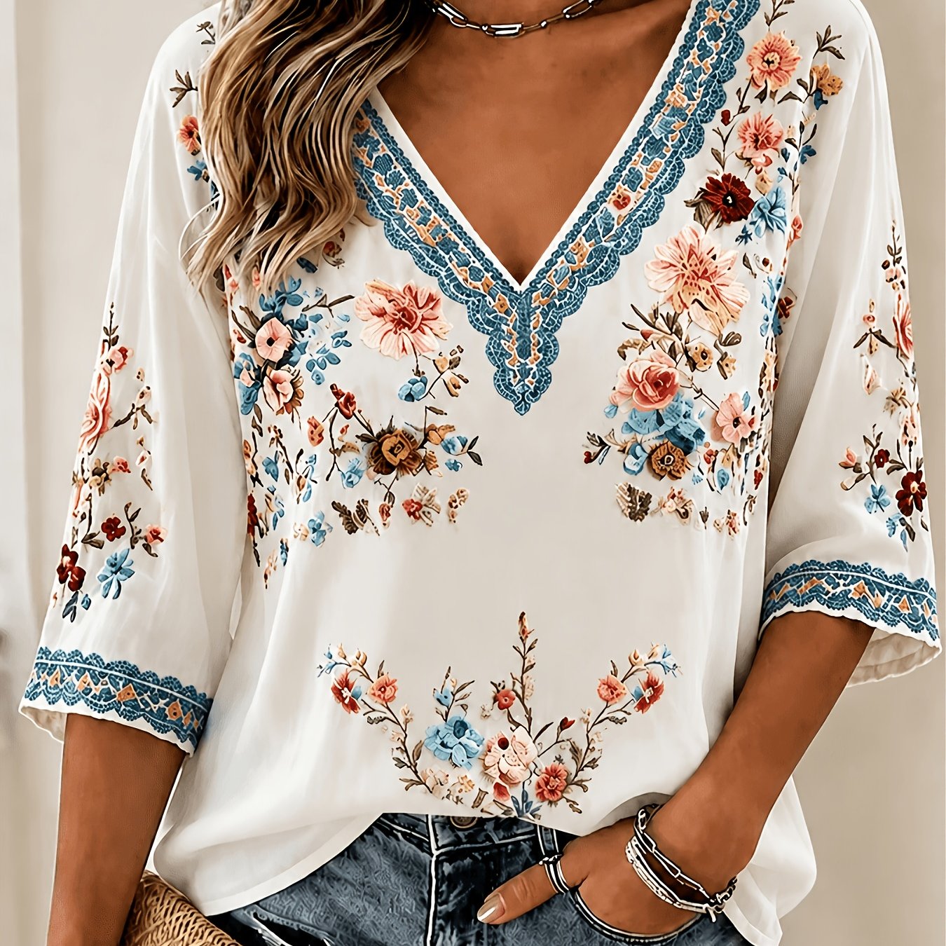 TEMU Plus Size, New Autumn Plus Size Women'-eighth Sleeve Printed Loose Fit Casual Blouse, Non-embroidered, No Lace