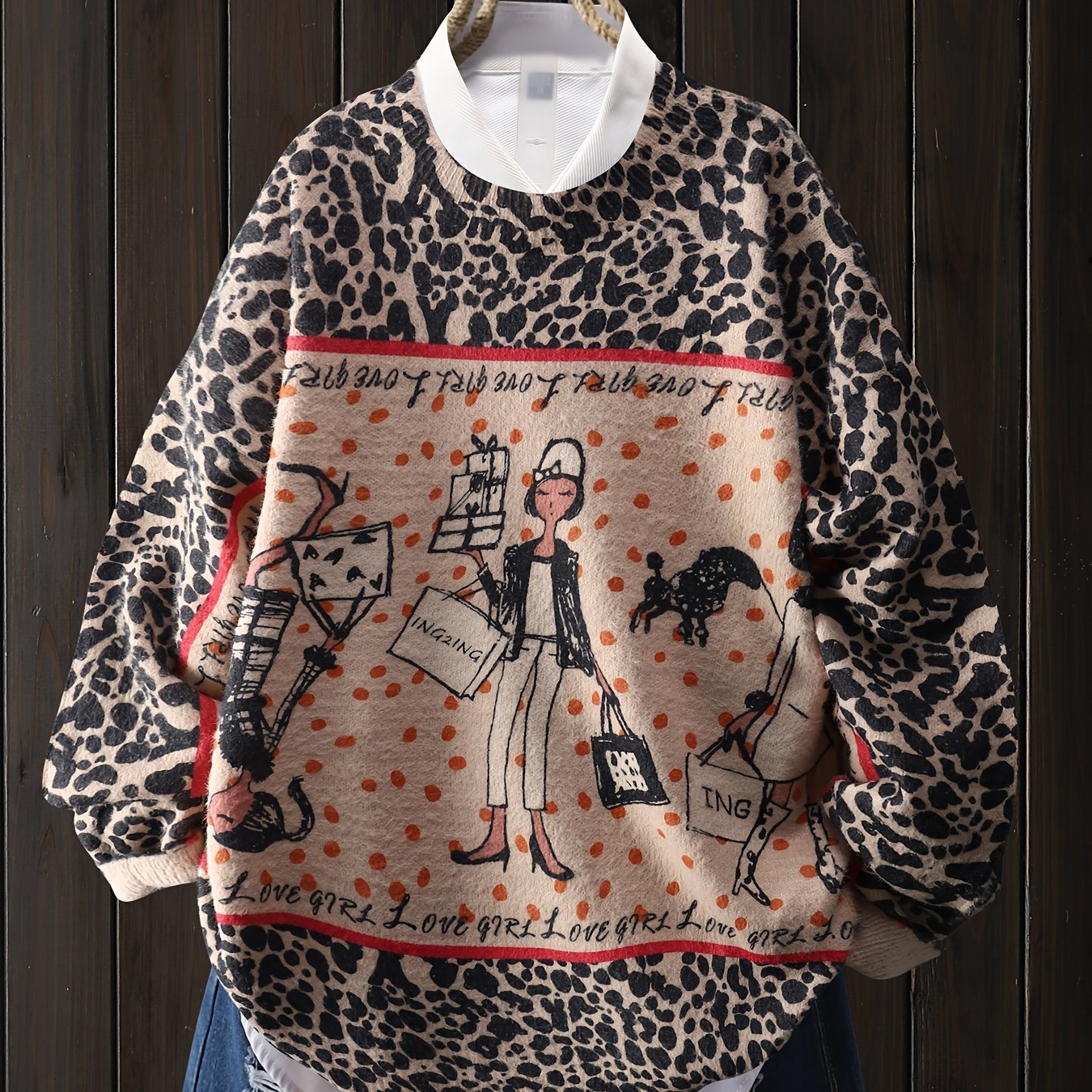 Image of Leopard Print Fashion Shopping Spotted Letter Floral Pattern Pullover, Casual Round Neck Long Sleeve Top, Women's Clothing