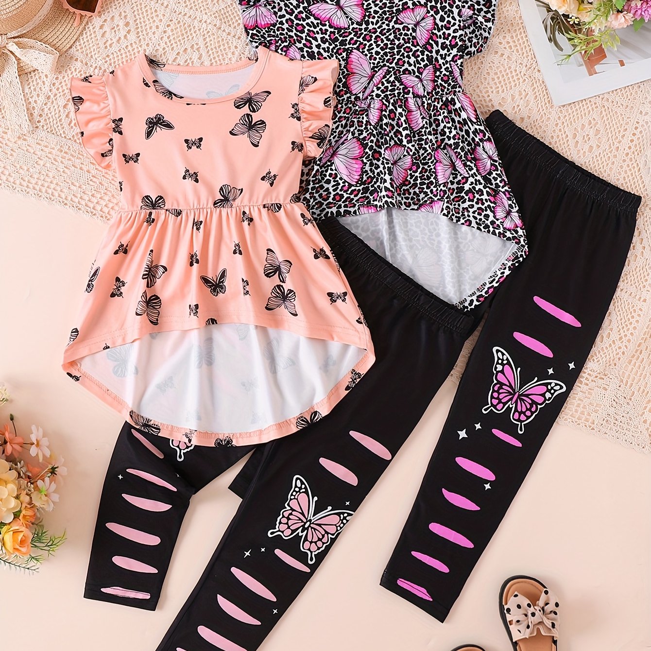 Image of Girls' 4pcs Set: Leopard Print Flutter Sleeve Top And Color-block Print Leggings Outfit For Casual Outdoor Vacation, Gift, Perfect For Outdoor,halloween