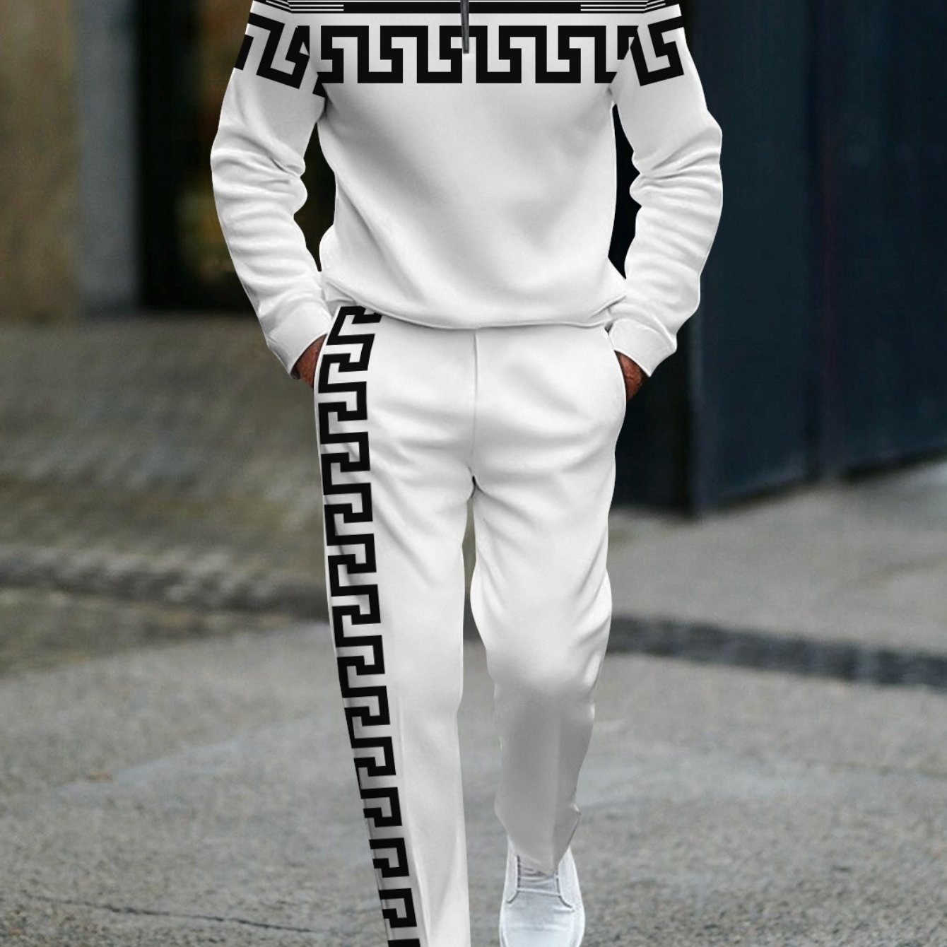 TEMU Trendy Casual Men's Fashion Two-piece Outfit Featuring A Half-zip Pullover Sweatshirt And Track Pants With Black Geometric Stripes And A Greek ,