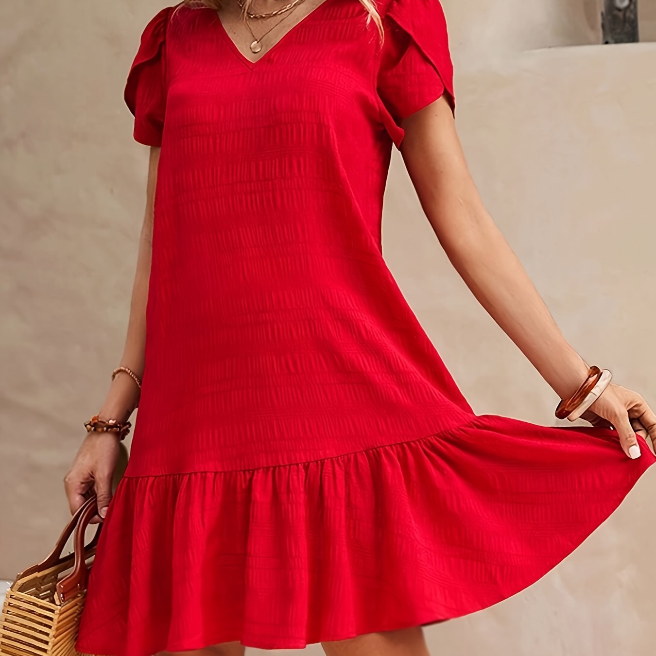 Plain Petal Sleeve Ruffle Hem V-neck Dress