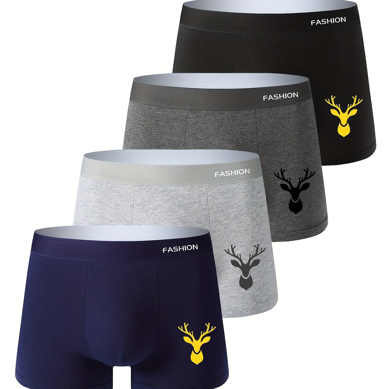 TEMU 4pcs Men's Breathable Boxer Briefs - , Stretchy Polyester & Spandex Blend, Non-transparent With Deer