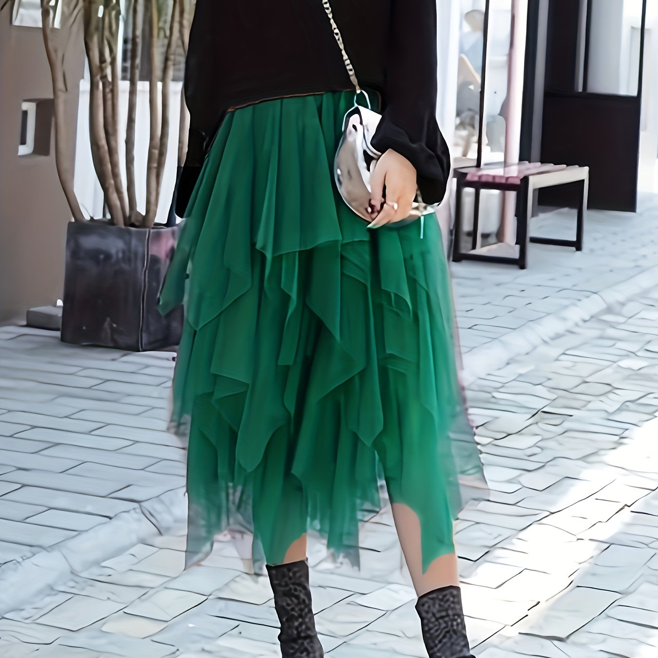 TEMU Falda de malla de talla grande para mujer, elegante falda midi irregular para todas , ideal para fiestas y vacaciones