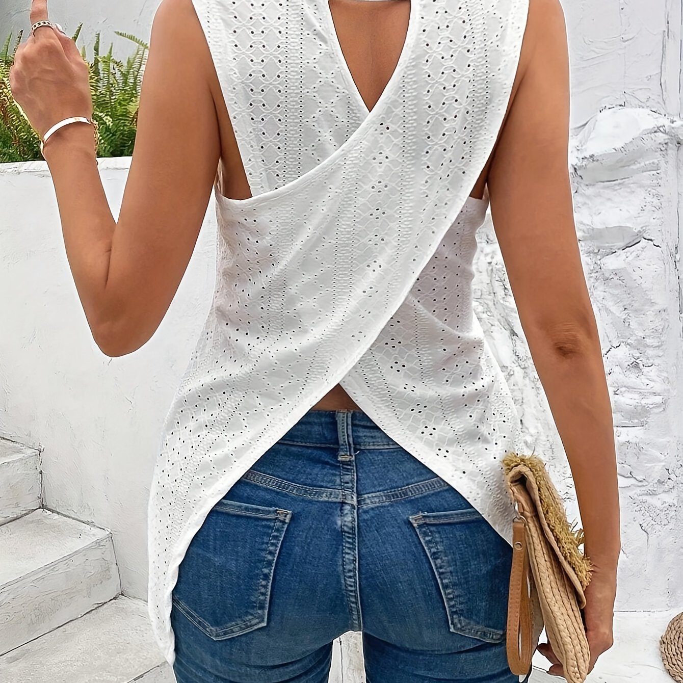 

Eyelet Embroidered Crew Neck Tank Top, Casual Back Top For Spring & Summer, Women's Clothing