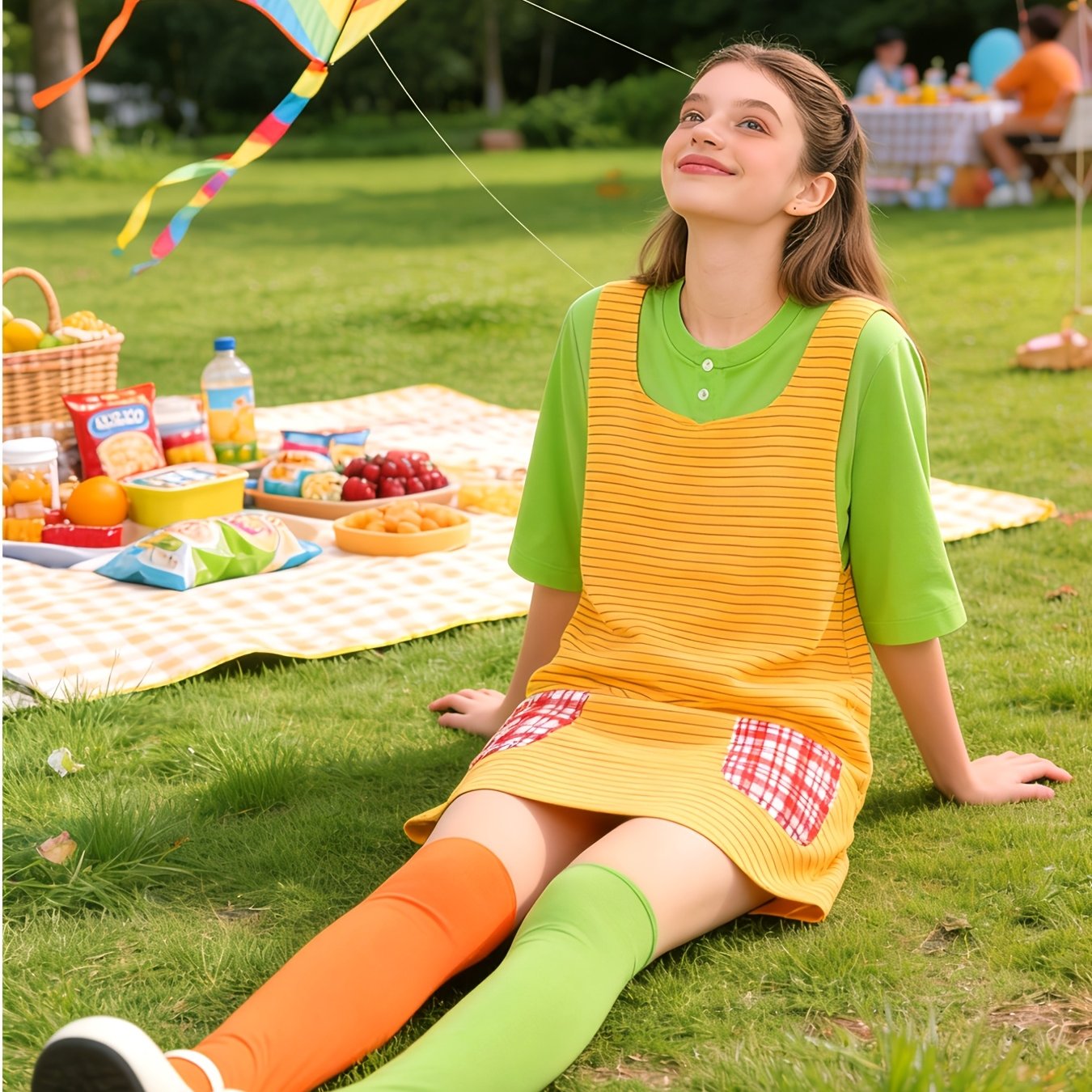 E-shop Frisches Karnevalskostüm-Set, gelb-grün gestreiftes Kleid mit orange-grünem Farbblock-Strumpfhose, abenteuerliches Party-Outfit, Kleid im