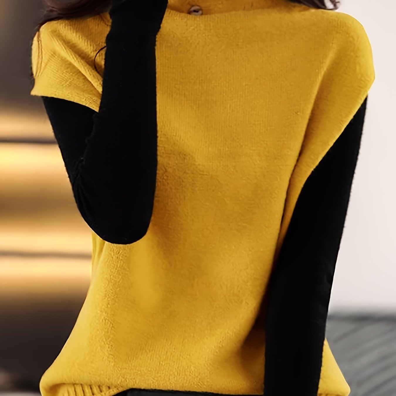 TEMU Solid Color High Neck Sweater, Elegant Button Detail   Sleeve Knit Top For Spring & Fall, Women's Clothing