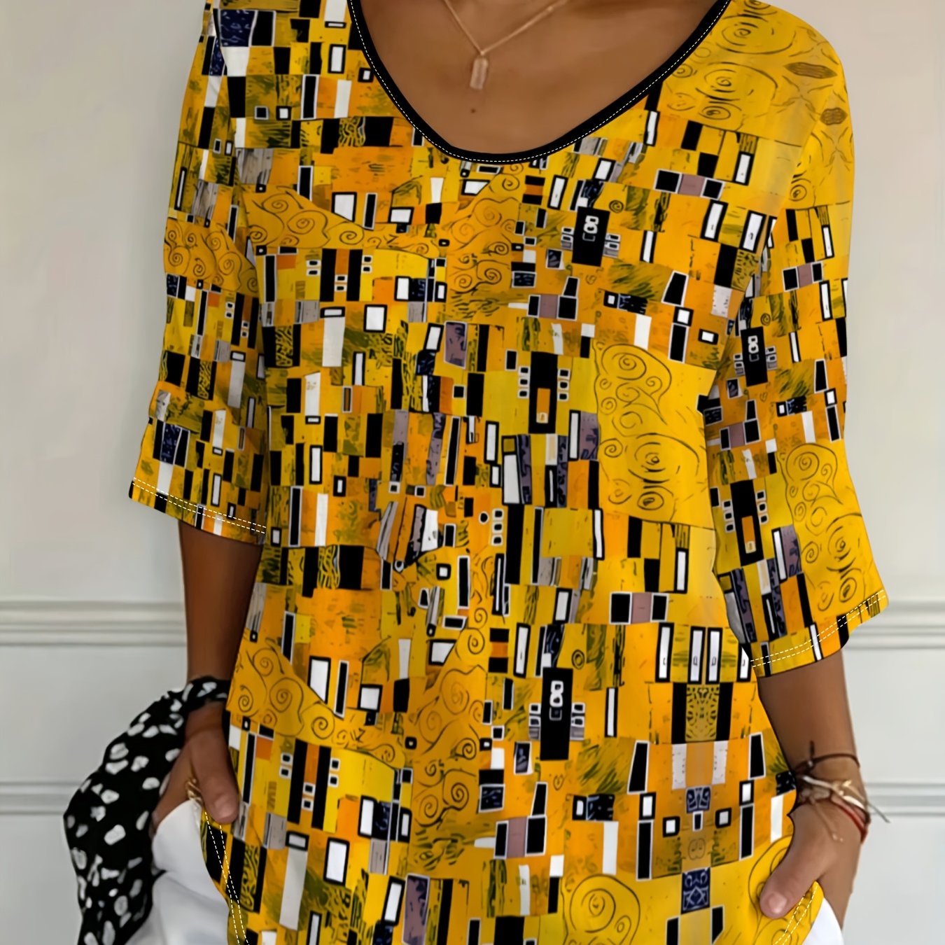 TEMU Plus Size Women's Top, Abstract Yellow Geometric Design, Fashionable And Comfortable, Suitable For Casual Wear And Leisure Occasions, Modern