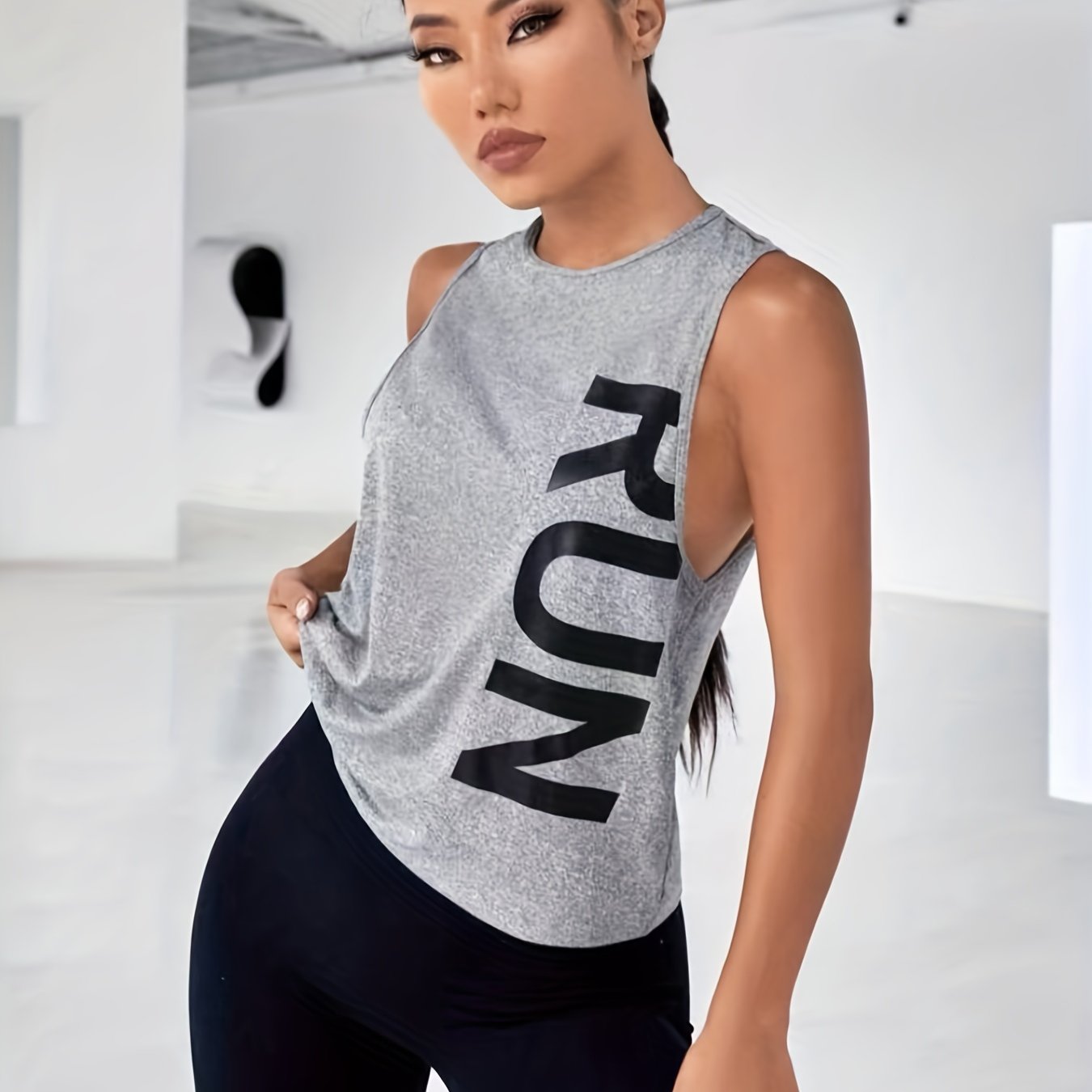 TEMU Letter Print Casual Tank Top, Round Neck Sleeveless Sports Vest T-shirt, Women's Activewear