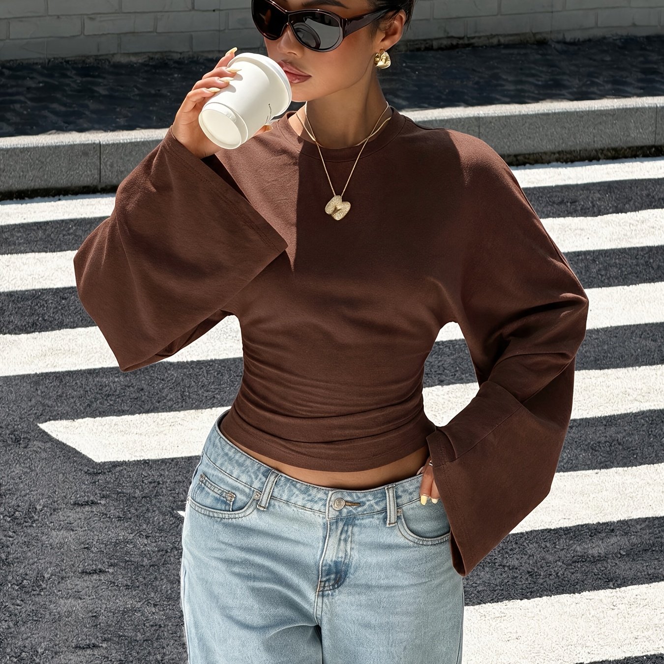 TEMU Nueva camiseta de larga de ajuste entallado con murciélago para otoño/invierno, elegante superior de moda casual para toda temporada, adecuada