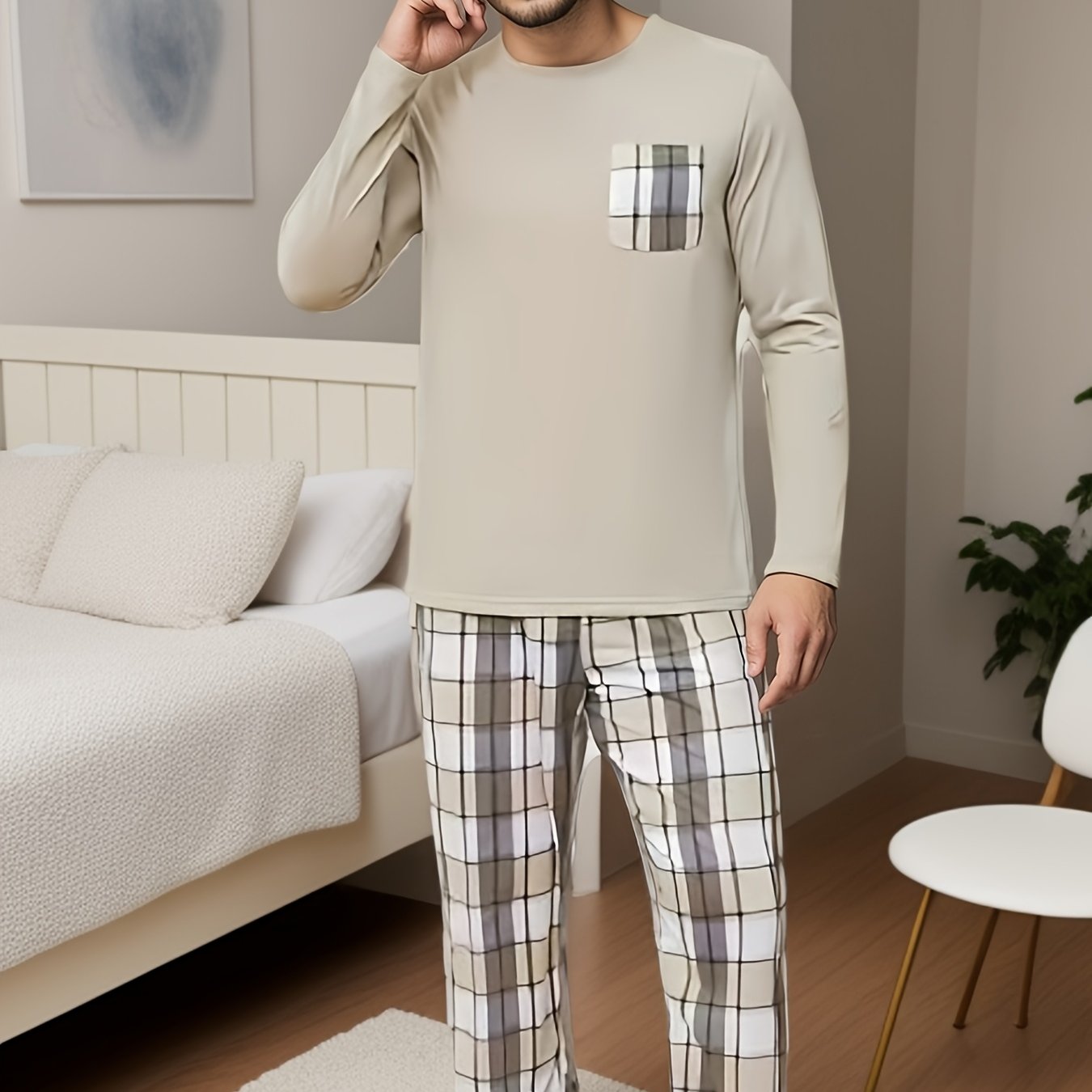 Image of Large Men's Minimalist Style Casual Sleepwear Set With Solid Color Long Sleeve Round Neck Top And Loose Checkered Pants, Plus Size