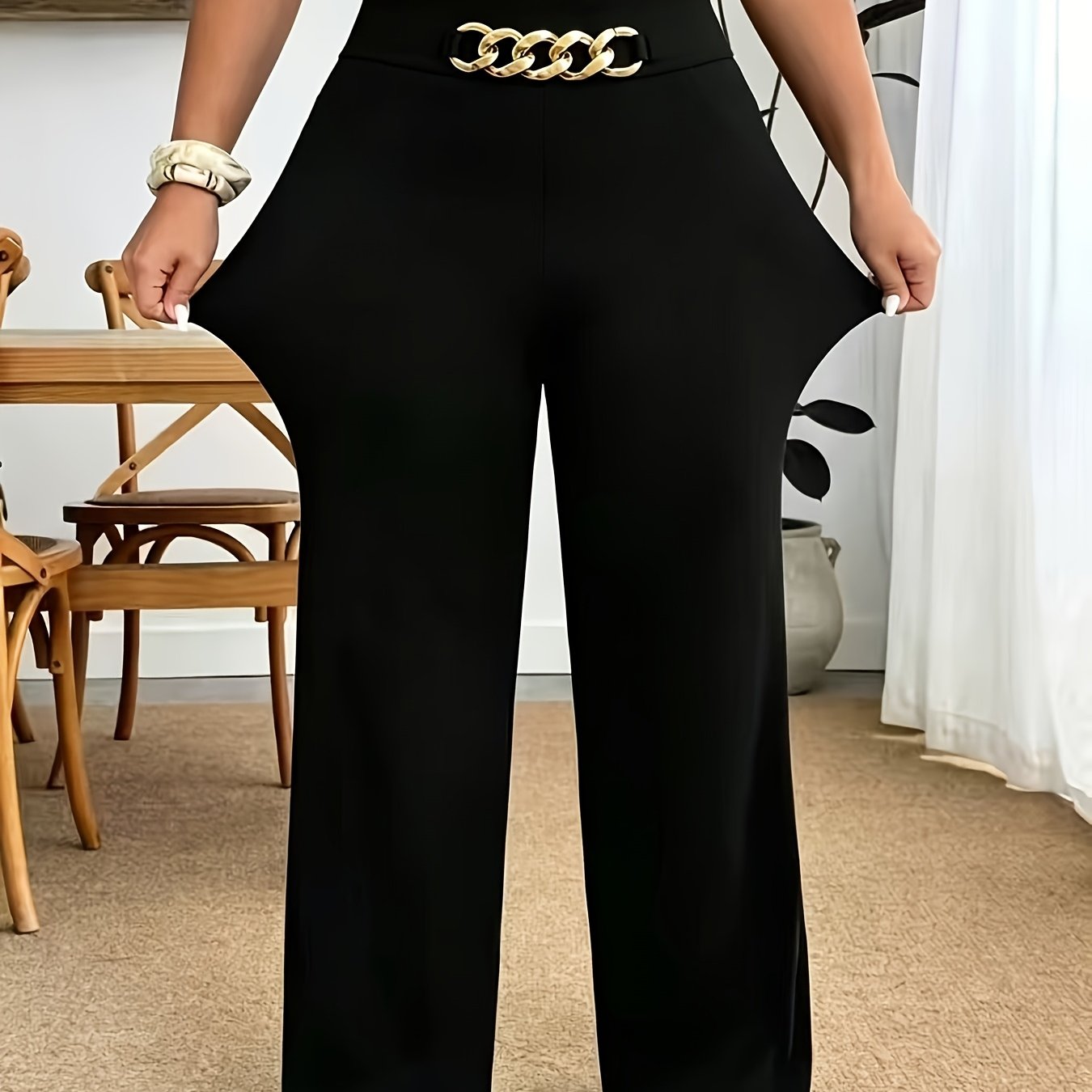 TEMU Pantalon grande taille pour femme, taille haute, coupe droite, à drapé lisse, avec effet et détails de chaîne en métal
