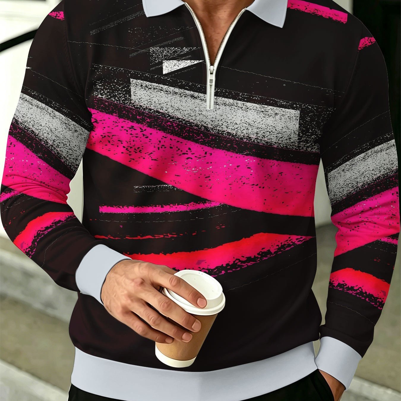 Image of New Arrival Men's Plus Size Zipper Long Sleeve Shirt Outdoor Street Base Rose Red Distressed Diagonal Brush Trend Print Top Comfortable Versatile Design Long Sleeve , Plus Size