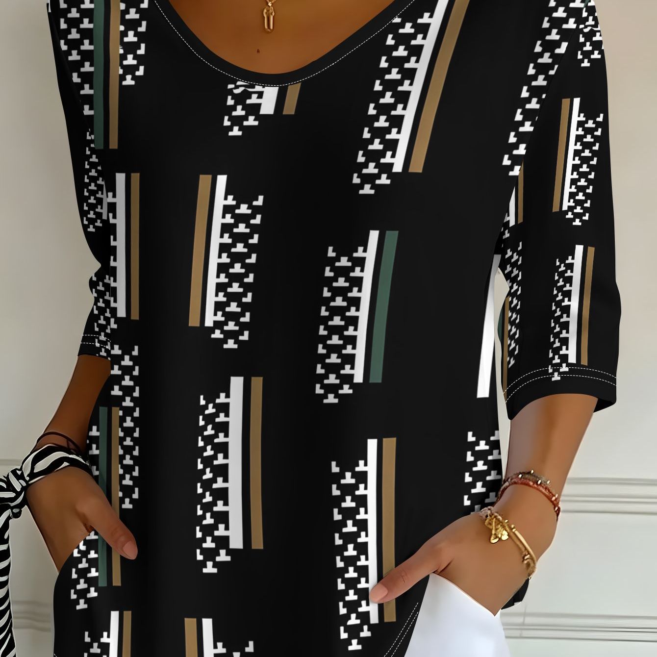 TEMU Women's Black Geometric Print V-neck Three-quarter Sleeve T-shirt, Spring/autumn Casual Top
