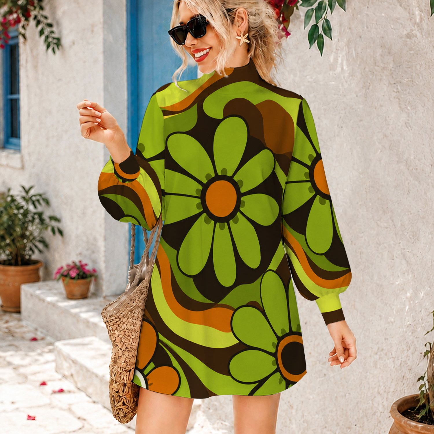 TEMU Vestido mini de larga con estampado floral retro de los 70 para mujer, vestido de cambio con cuello , de margaritas verde marrón naranja,