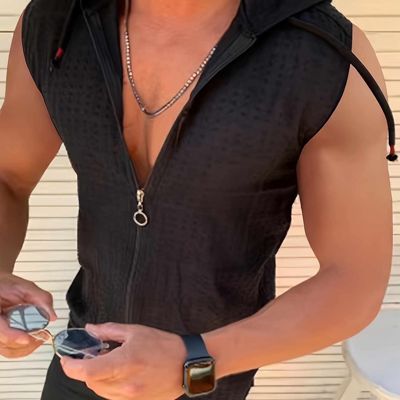 Image of Full Summer Men's Jacquard Hooded Zipper Cardigan T-shirt Sleeveless T-shirt