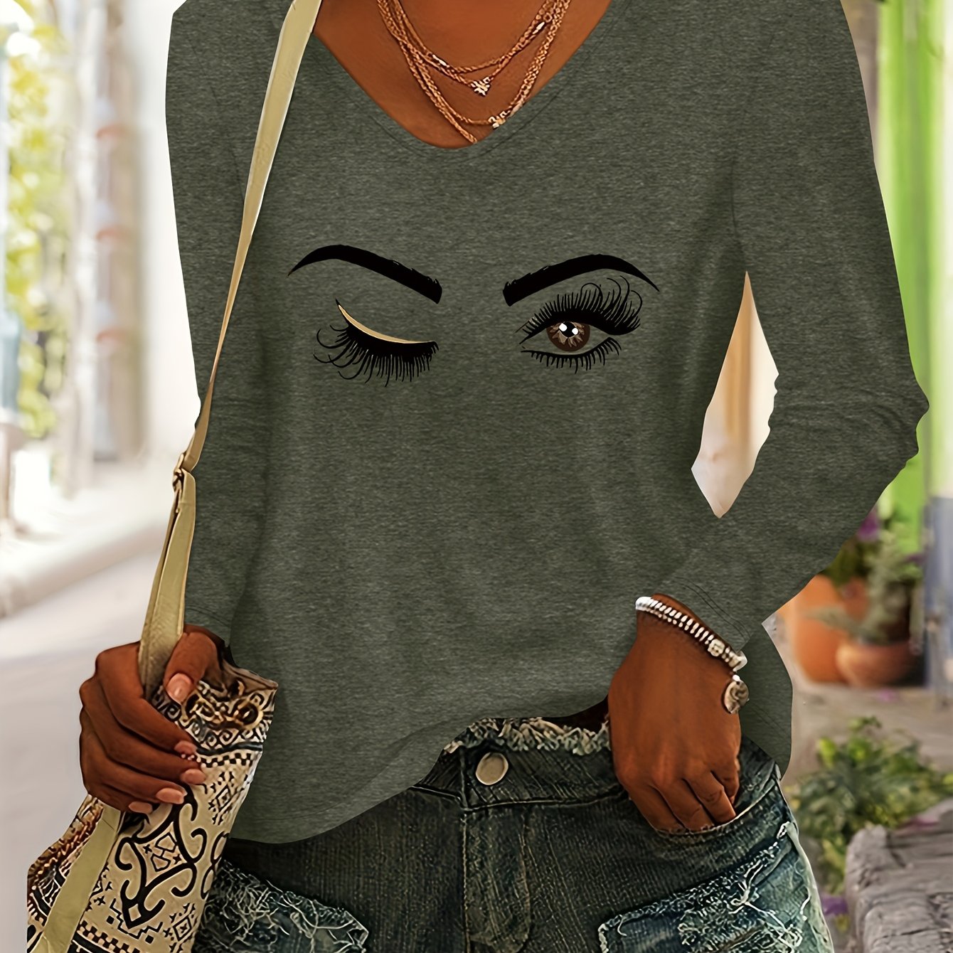 TEMU Portrait Eye Print Women's Autumn/winter Casual Fashion Soft Comfortable Color V-neck Long Sleeve T-shirt