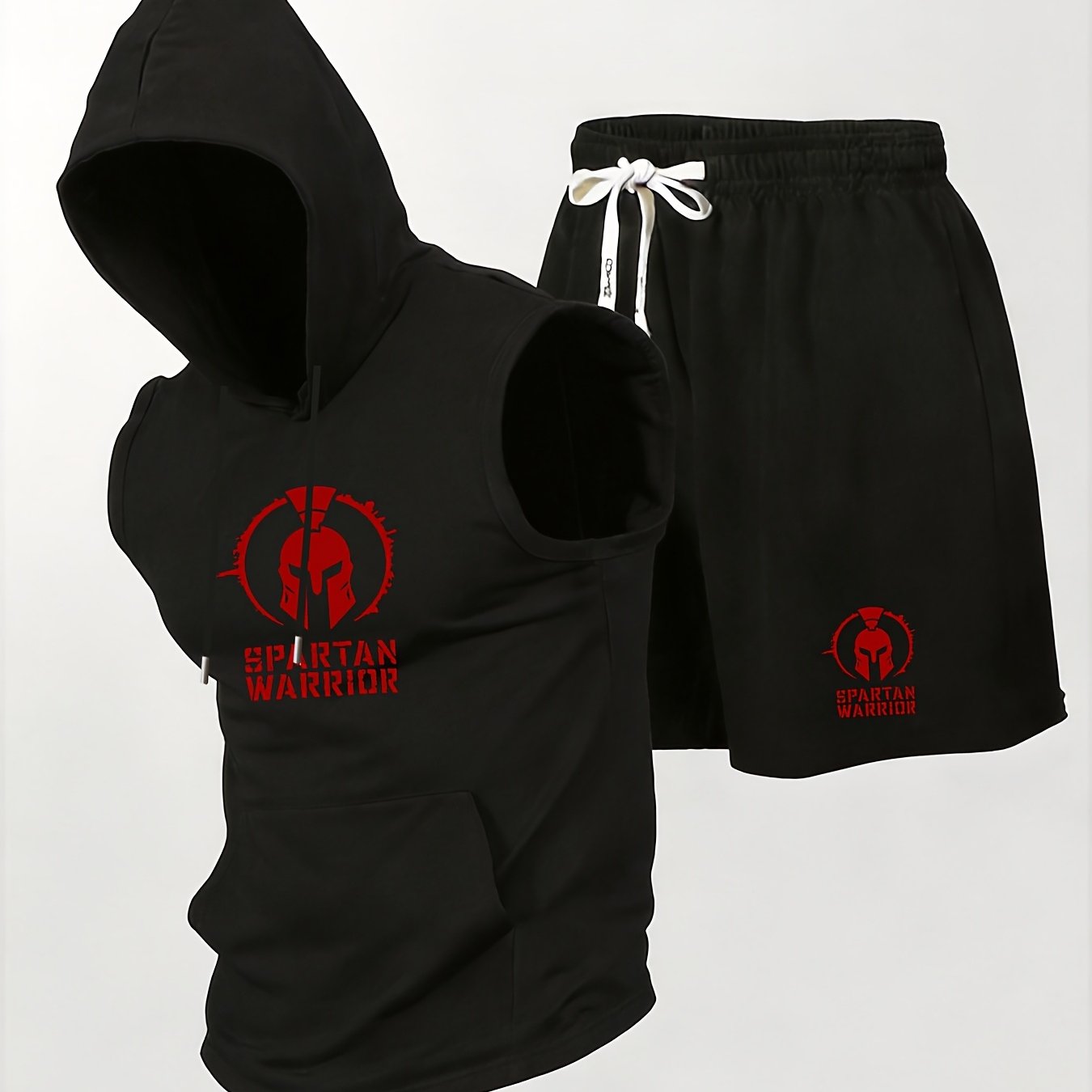 TEMU Men's Fashion Sleeveless Hooded Sportswear Set, Spartan Warrior Print Tank Top And Shorts 2pcs Set, Comfortable And Breathable Athletic