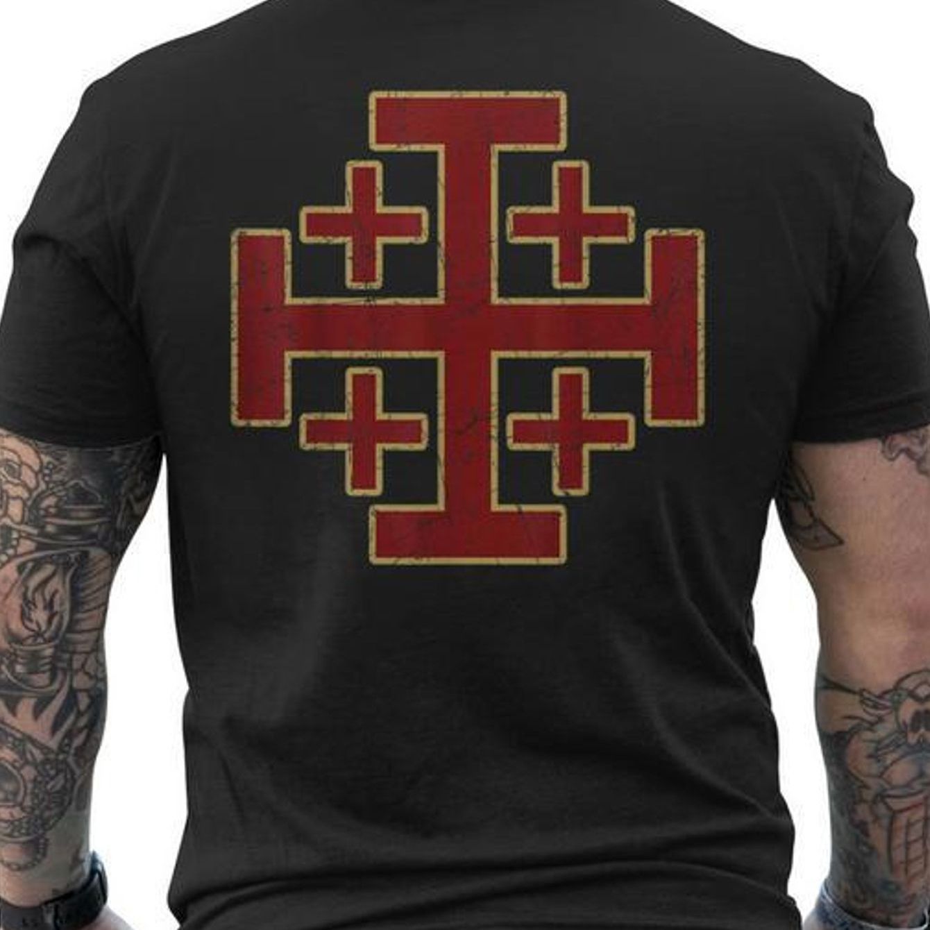 Image of Men's T-shirt Featuring The Cross And From The Crusades, With A Back Print. Made From, This Short Sleeve Shirt Is Designed For And