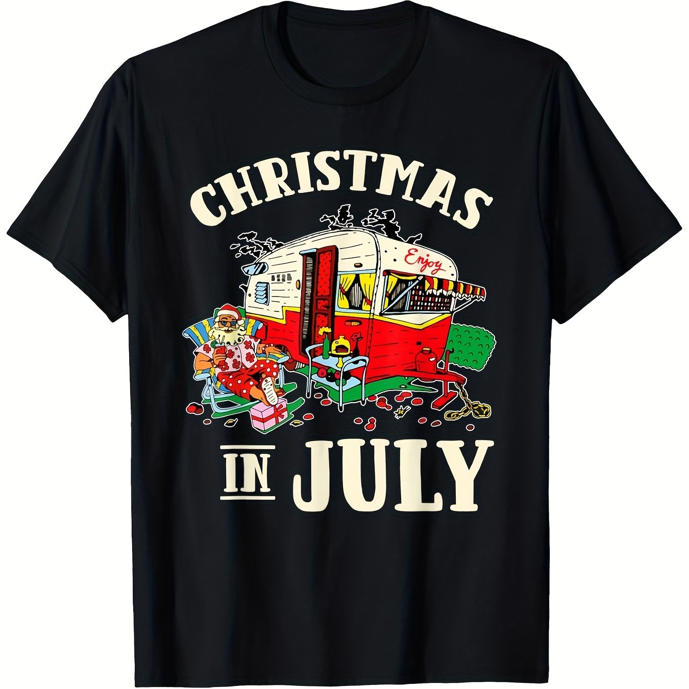 TEMU Men's & Women's Van Christmas In July T Shirt 100% Travel Tee With Trailer Design All Season Fit S Xxxl Black Ideal Gift For Unisex Holiday Gift