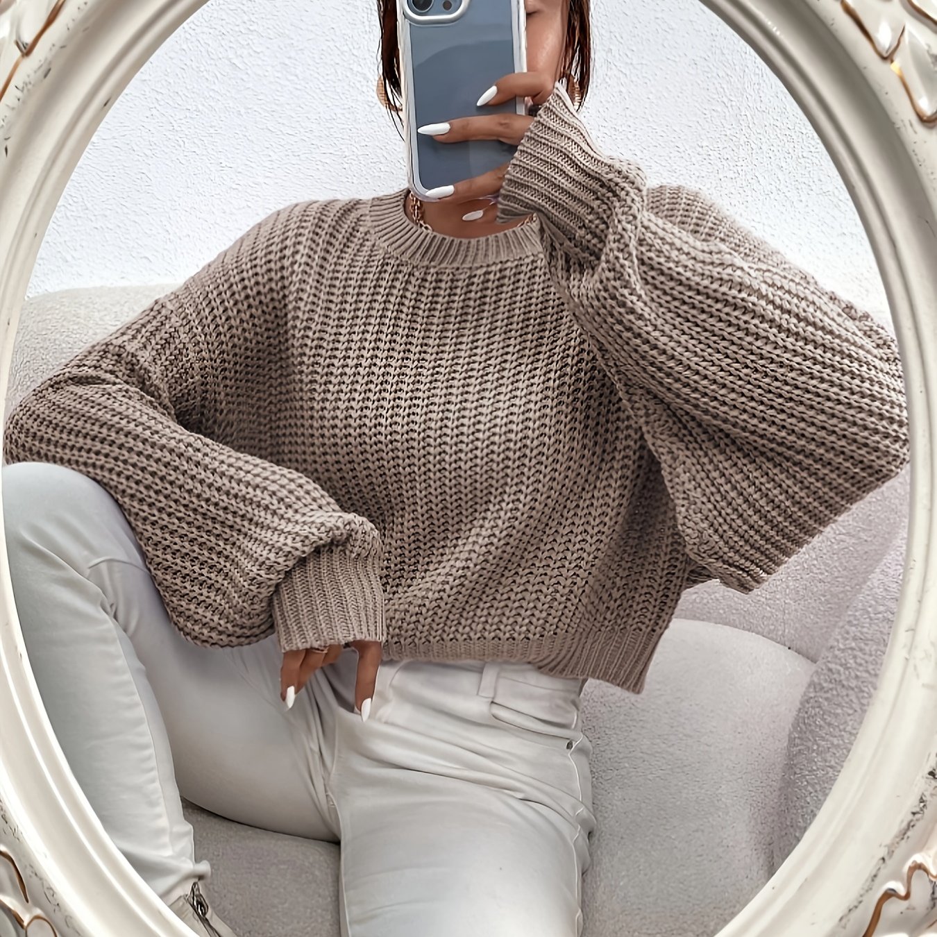 E-shop Herbst Winter Damen Eleganter Mode-Pullover, Casual Vielseitiger Rundhals Einfarbiger Kurzer Chunky Strickpullover, Einfarbiger Lockerer