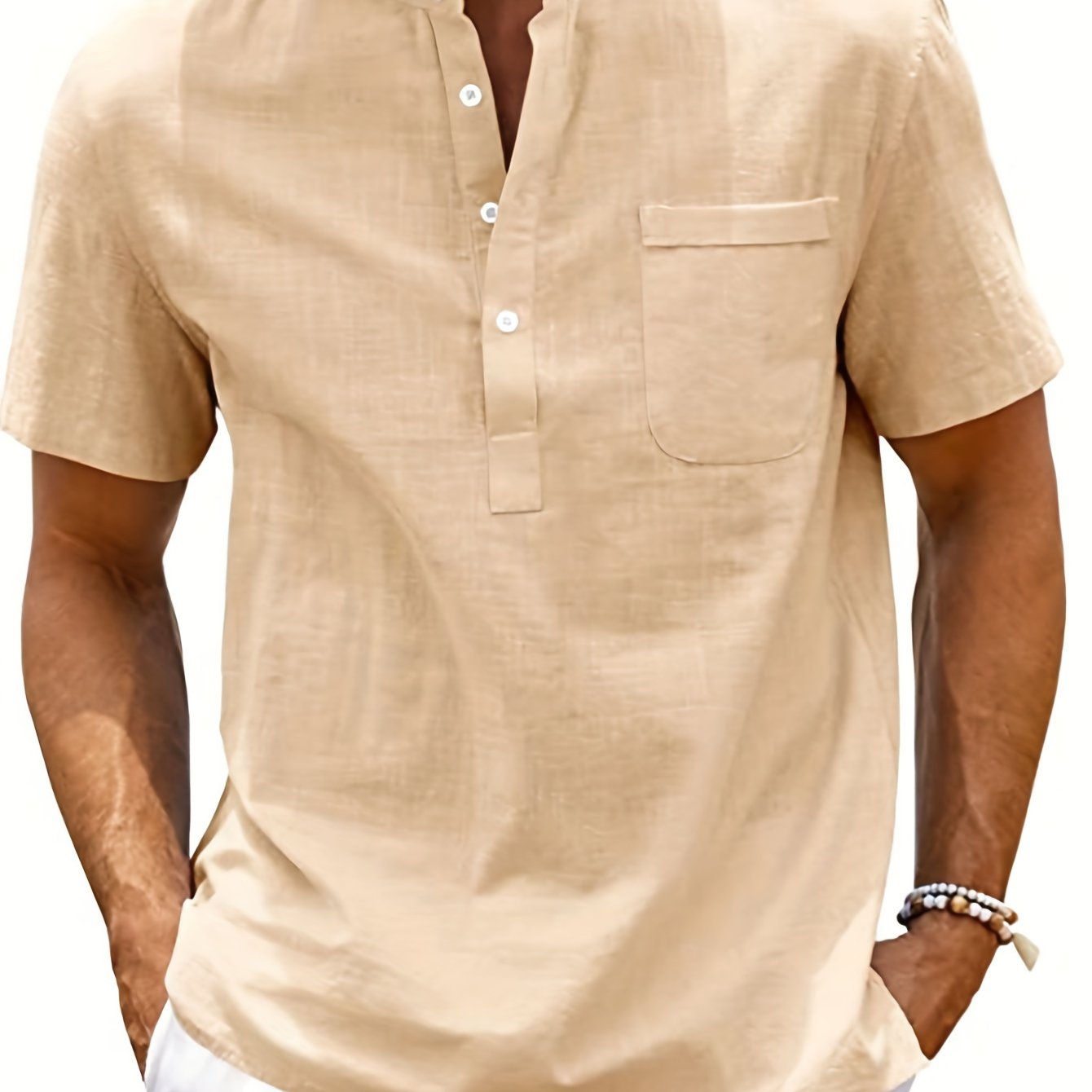 TEMU Men's Solid Color Summer Short Sleeve Stand Collar T-shirt, Chest Pocket Design Casual Comfy Top As Gift